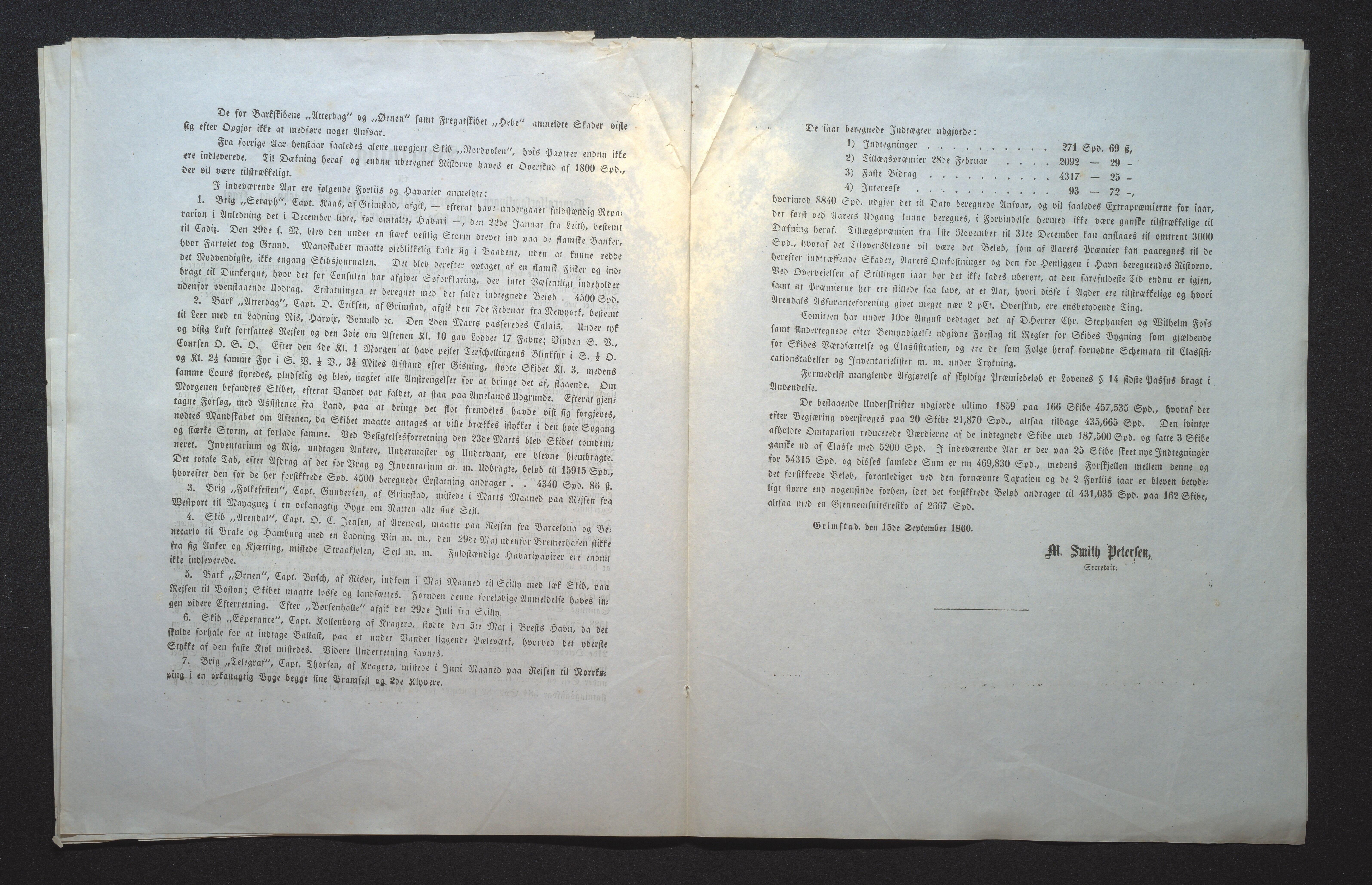 Agders Gjensidige Assuranceforening, AAKS/PA-1718/05/L0001: Regnskap, seilavdeling, pakkesak, 1855-1880