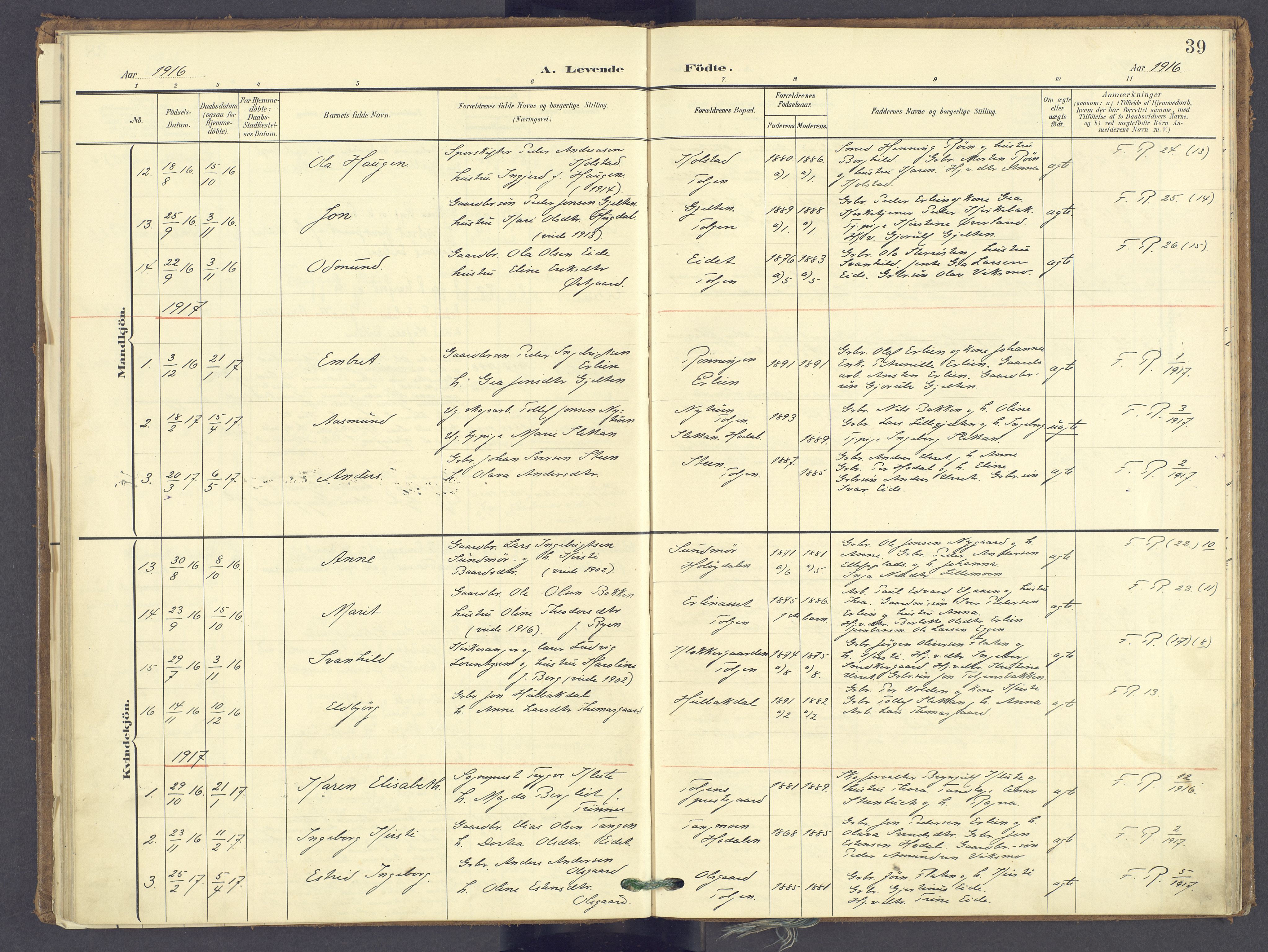 Tolga prestekontor, SAH/PREST-062/K/L0014: Parish register (official) no. 14, 1903-1929, p. 39
