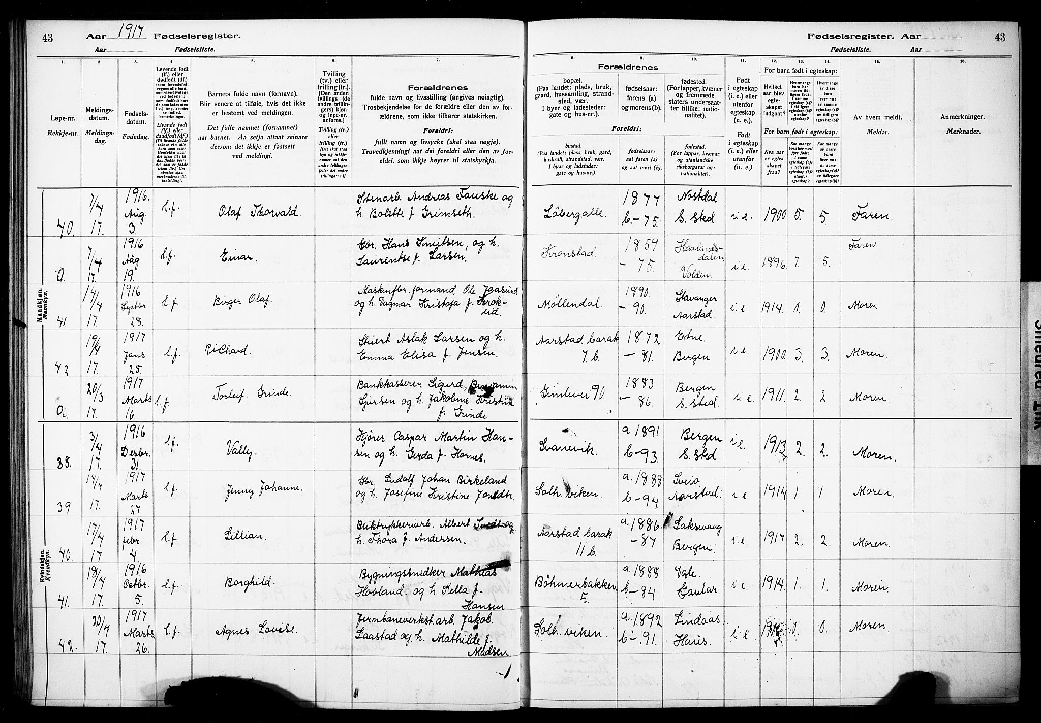 Årstad Sokneprestembete, AV/SAB-A-79301/I/Id/L0A01: Birth register no. A 1, 1916-1920, p. 43