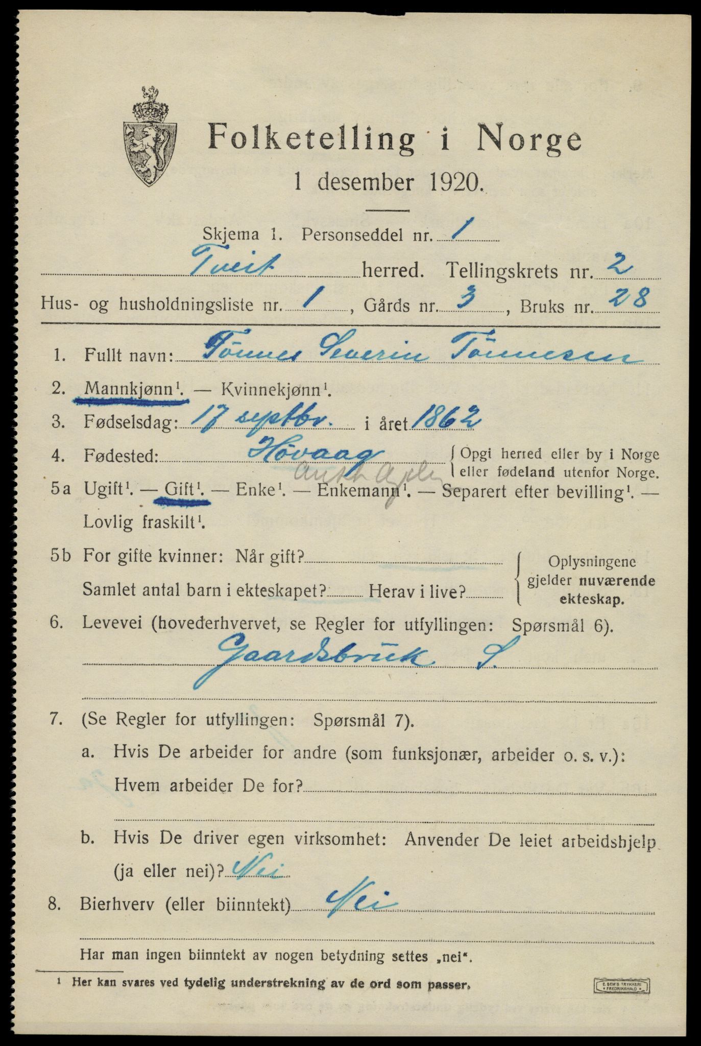 SAK, 1920 census for Tveit, 1920, p. 1226