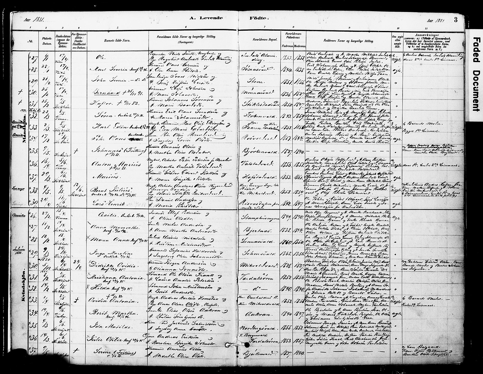 Ministerialprotokoller, klokkerbøker og fødselsregistre - Nord-Trøndelag, AV/SAT-A-1458/723/L0244: Parish register (official) no. 723A13, 1881-1899, p. 3