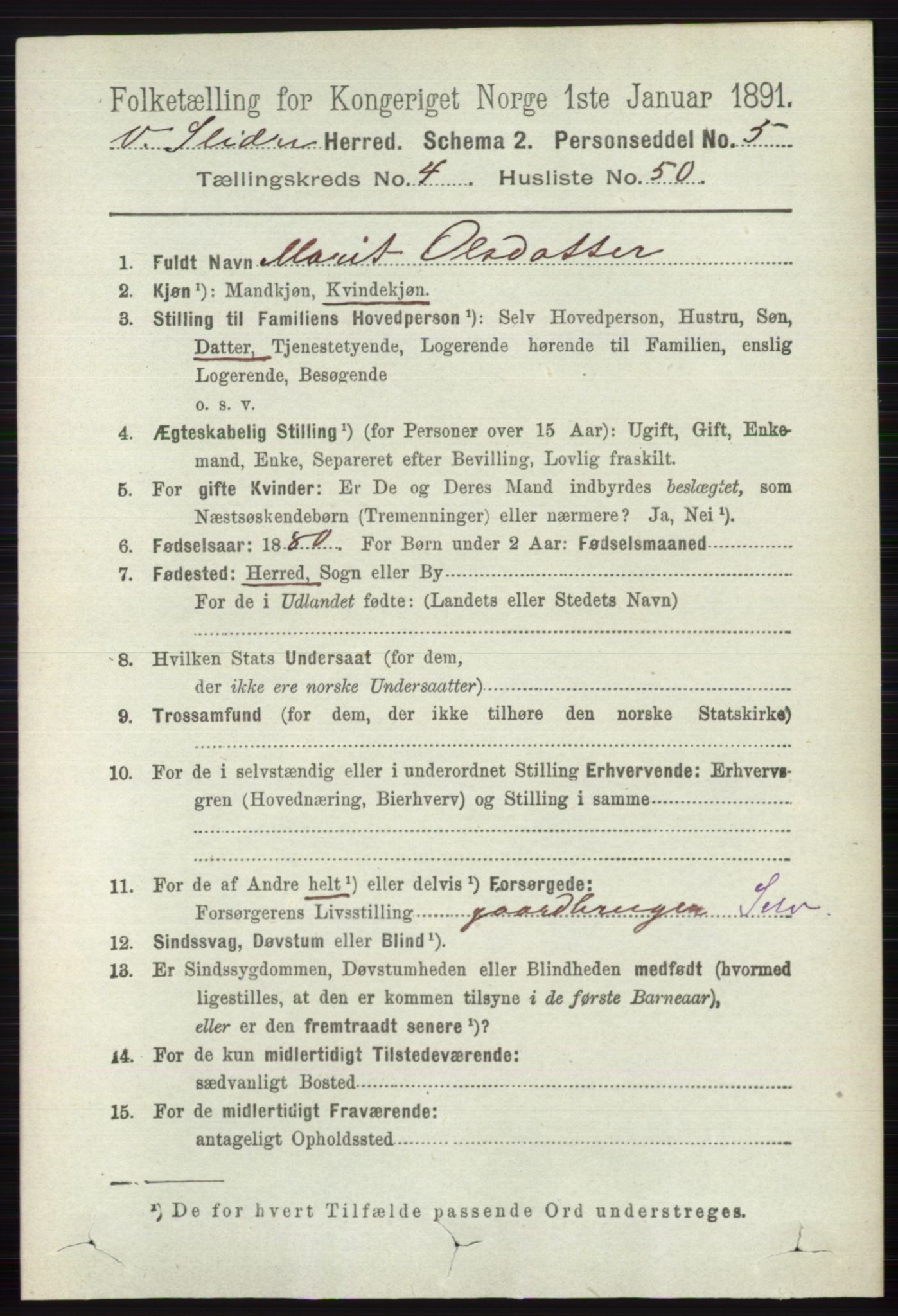 RA, 1891 census for 0543 Vestre Slidre, 1891, p. 1551