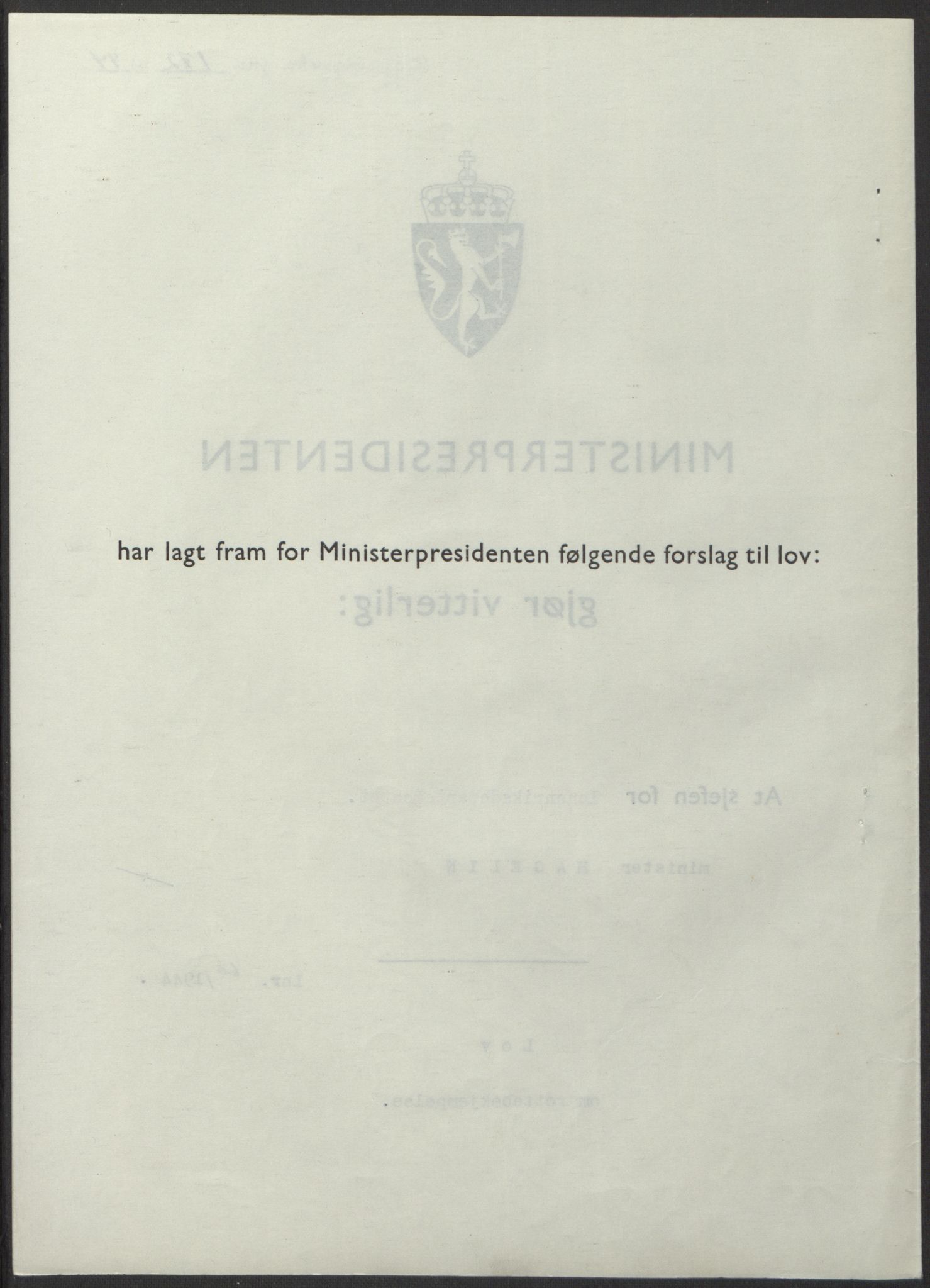 NS-administrasjonen 1940-1945 (Statsrådsekretariatet, de kommisariske statsråder mm), AV/RA-S-4279/D/Db/L0100: Lover, 1944, p. 281