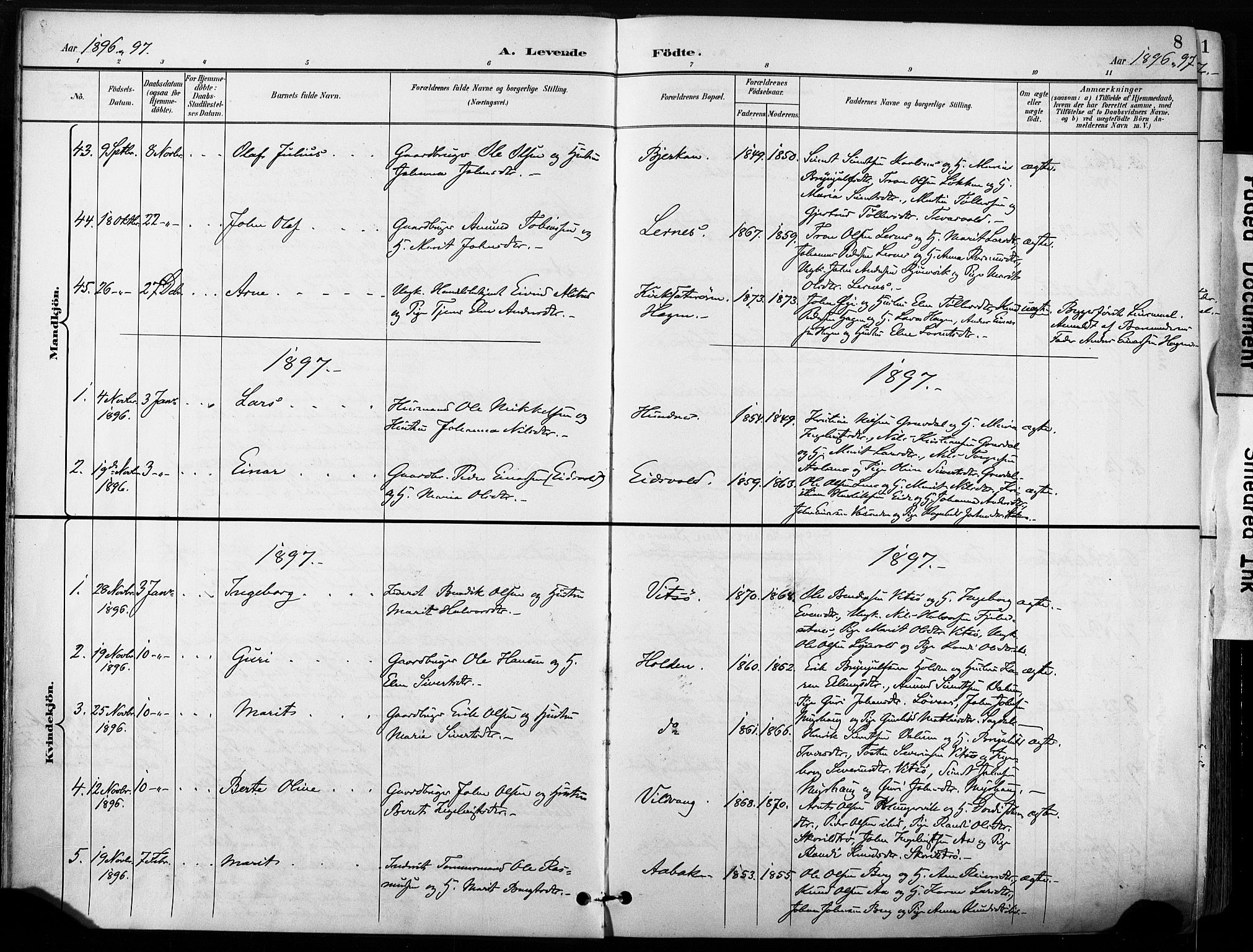 Ministerialprotokoller, klokkerbøker og fødselsregistre - Sør-Trøndelag, SAT/A-1456/630/L0497: Parish register (official) no. 630A10, 1896-1910, p. 8