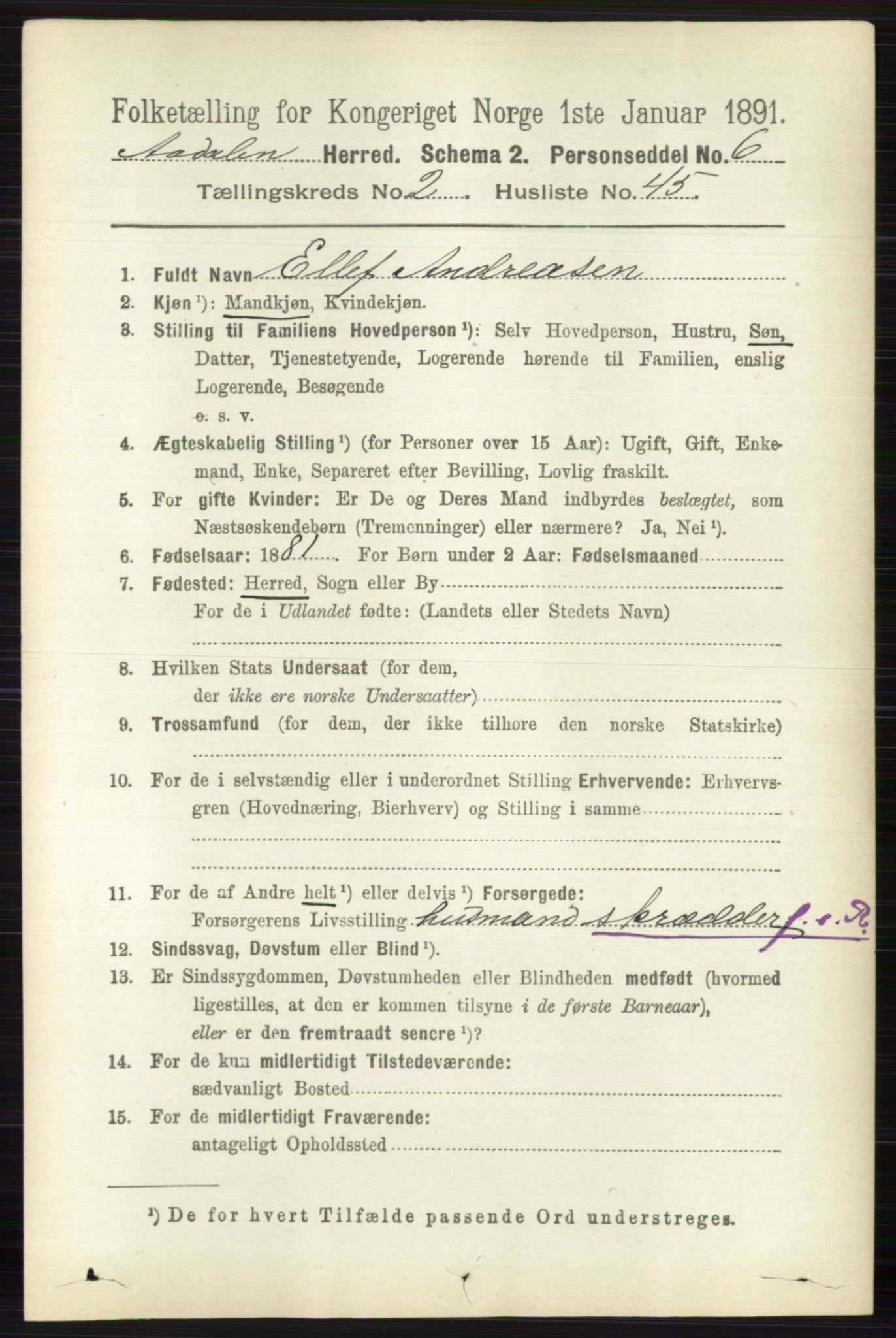 RA, 1891 census for 0614 Ådal, 1891, p. 946