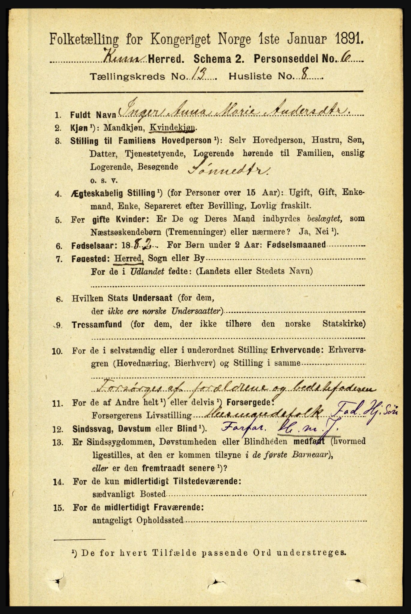 RA, 1891 census for 1437 Kinn, 1891, p. 5109