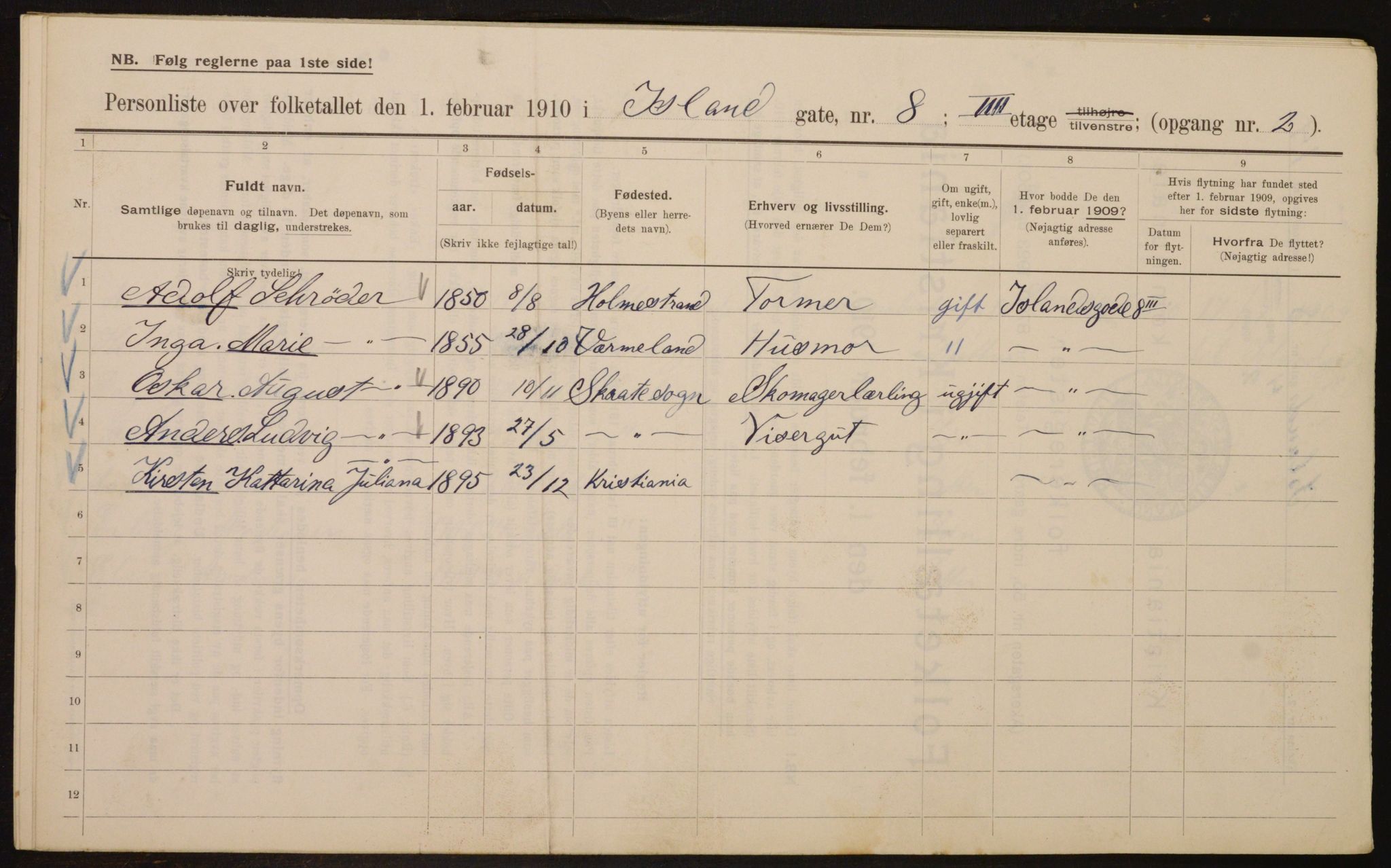 OBA, Municipal Census 1910 for Kristiania, 1910, p. 43476