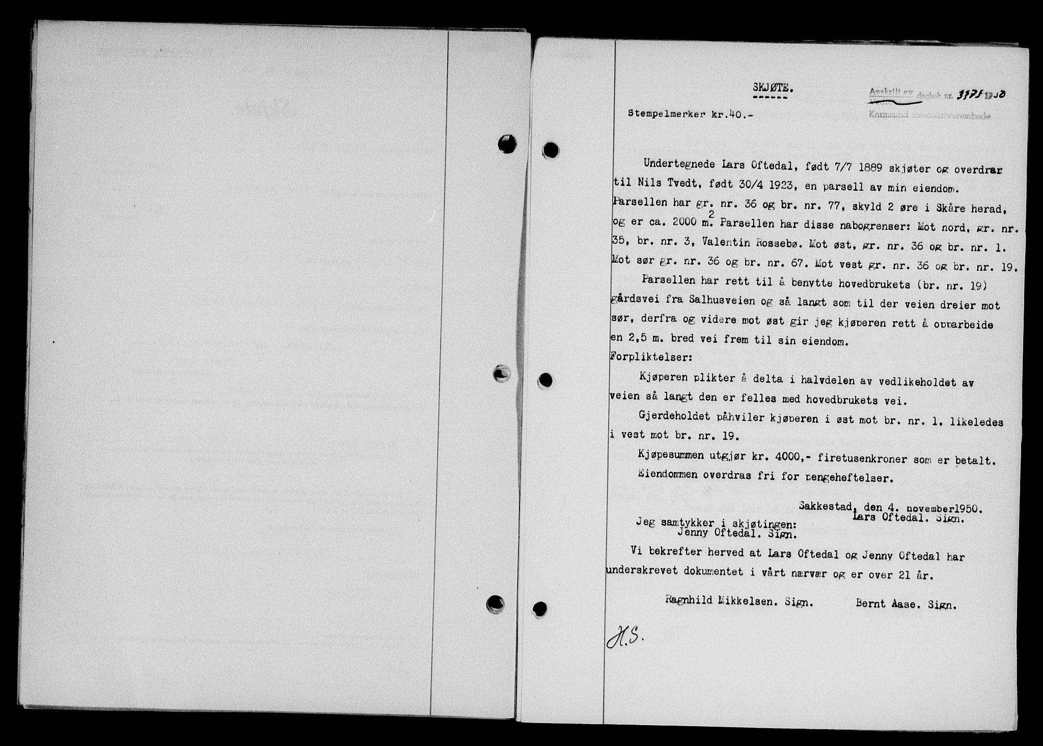 Karmsund sorenskriveri, SAST/A-100311/01/II/IIB/L0101: Mortgage book no. 81A, 1950-1951, Diary no: : 3373/1950