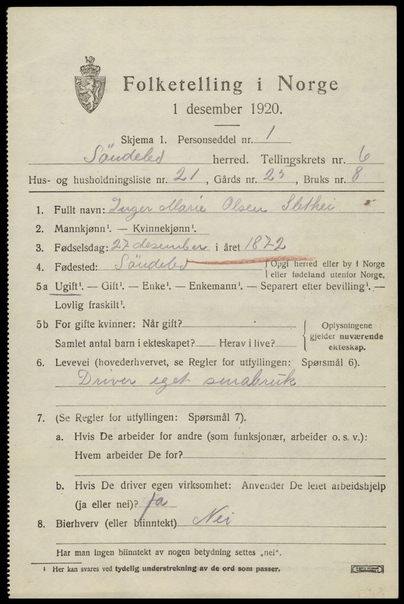 SAK, 1920 census for Søndeled, 1920, p. 3917