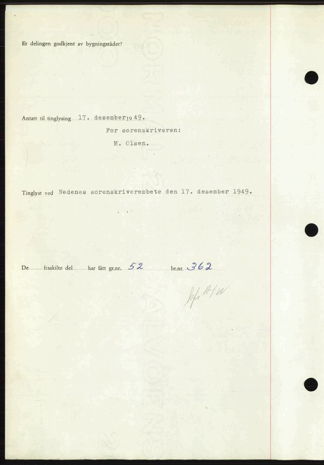 Nedenes sorenskriveri, AV/SAK-1221-0006/G/Gb/Gba/L0062: Mortgage book no. A14, 1949-1950, Diary no: : 2069/1949