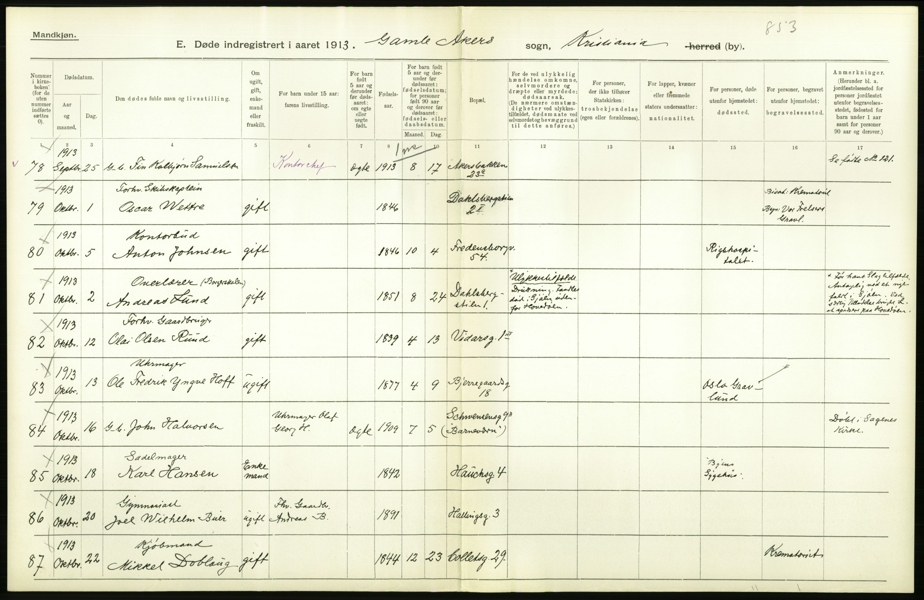 Statistisk sentralbyrå, Sosiodemografiske emner, Befolkning, RA/S-2228/D/Df/Dfb/Dfbc/L0009: Kristiania: Døde., 1913, p. 138