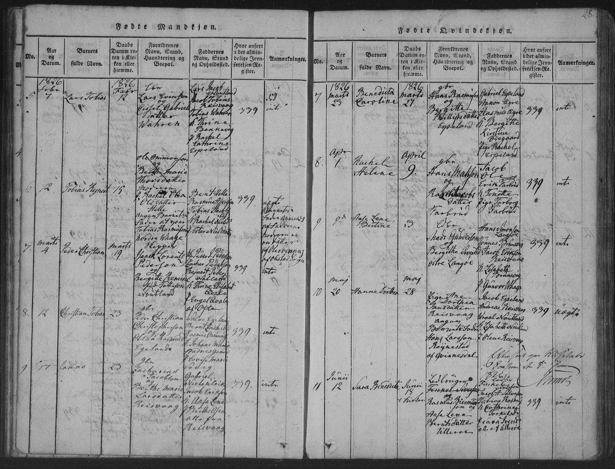 Herad sokneprestkontor, SAK/1111-0018/F/Fa/Fab/L0002: Parish register (official) no. A 2, 1816-1844, p. 28