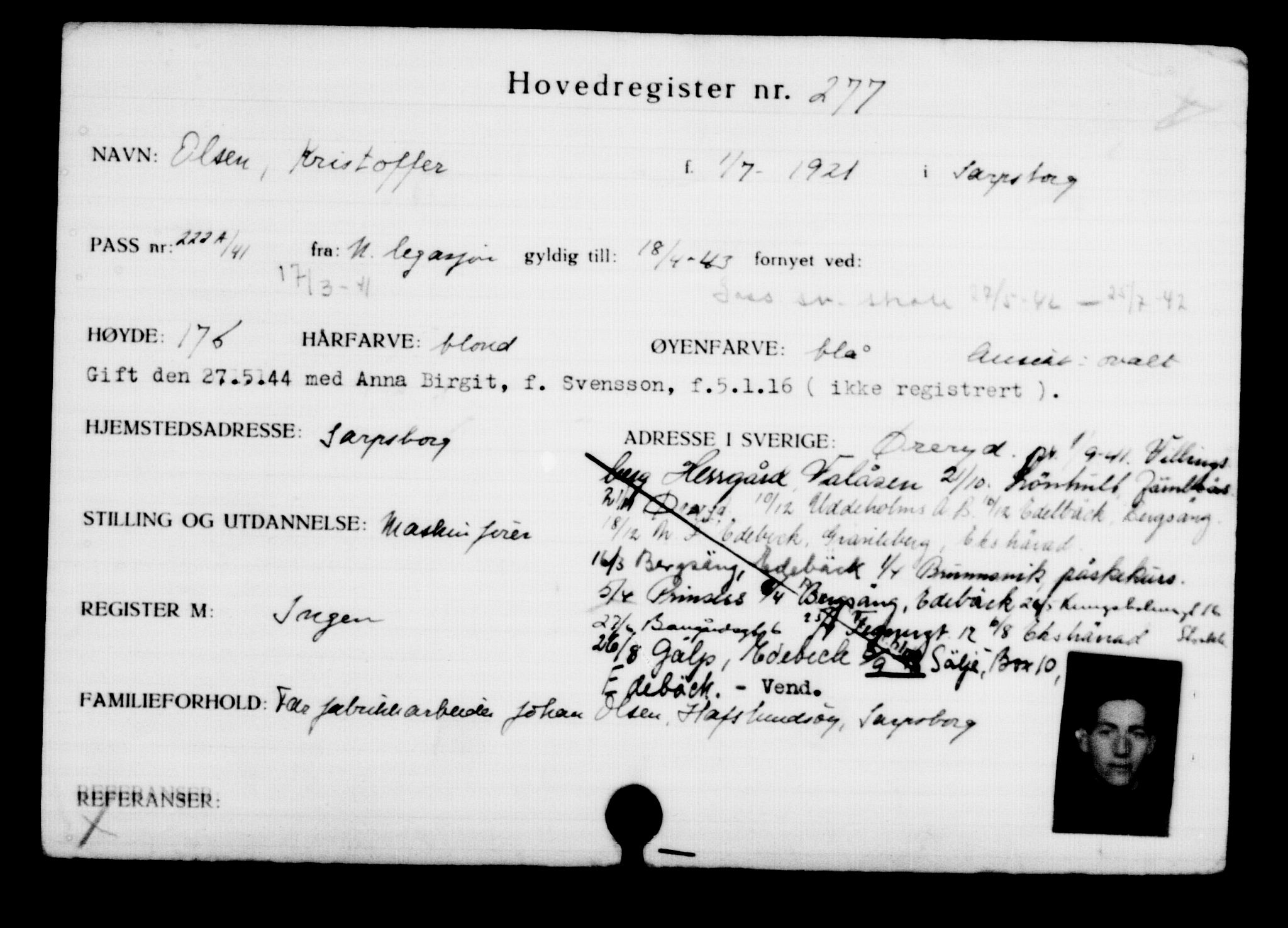 Utenriksstasjonene, Legasjonen i Stockholm, Flyktningkontoret, AV/RA-S-6753/V/Va/L0001: Kjesäterkartoteket, flyktninger med registreringsnr. 1-1000, 1940-1945, p. 442