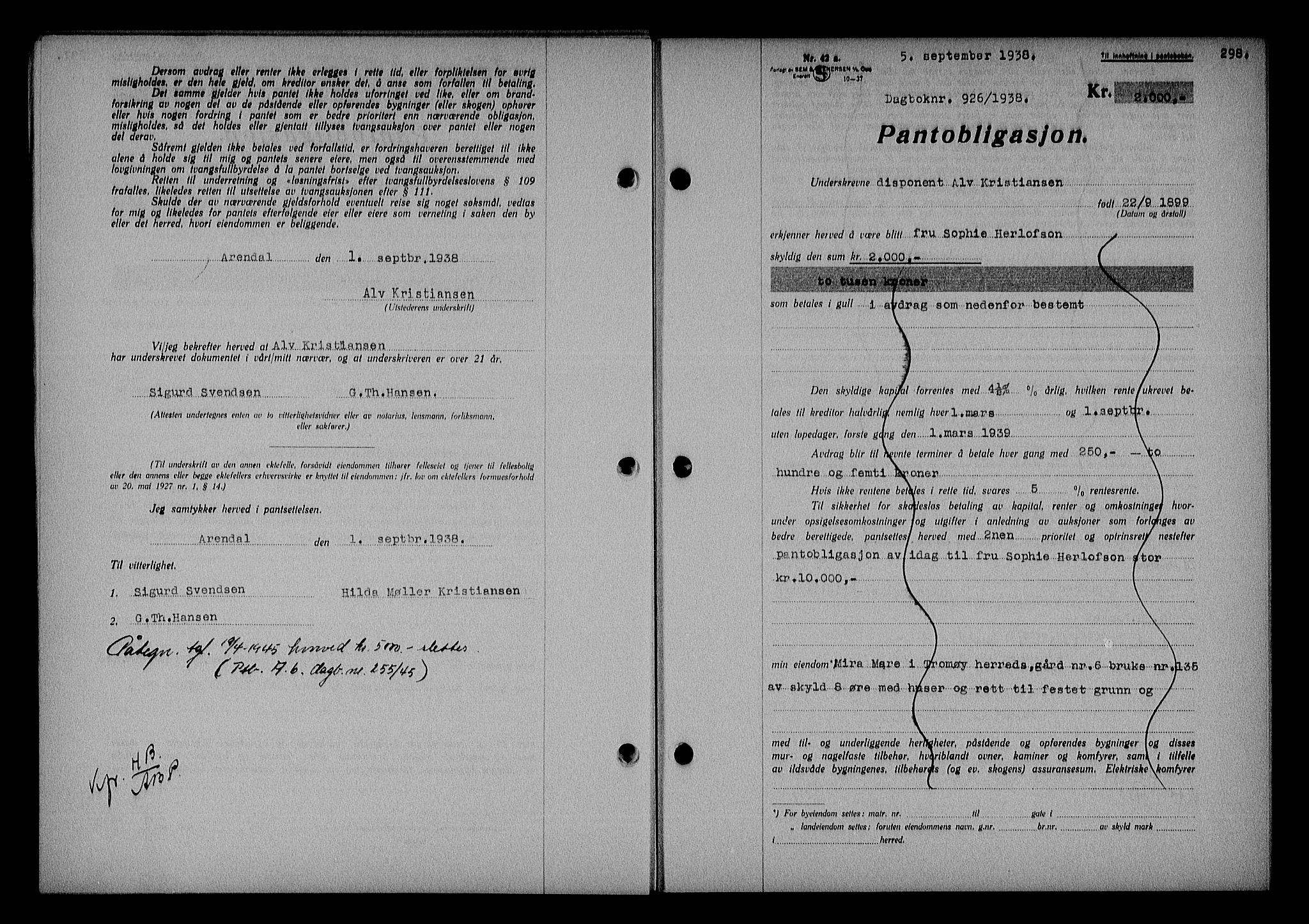 Nedenes sorenskriveri, AV/SAK-1221-0006/G/Gb/Gba/L0045: Mortgage book no. 41, 1938-1938, Diary no: : 926/1938