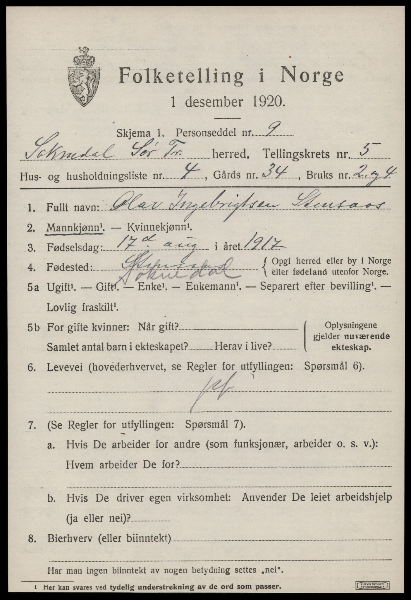 SAT, 1920 census for Soknedal, 1920, p. 2706