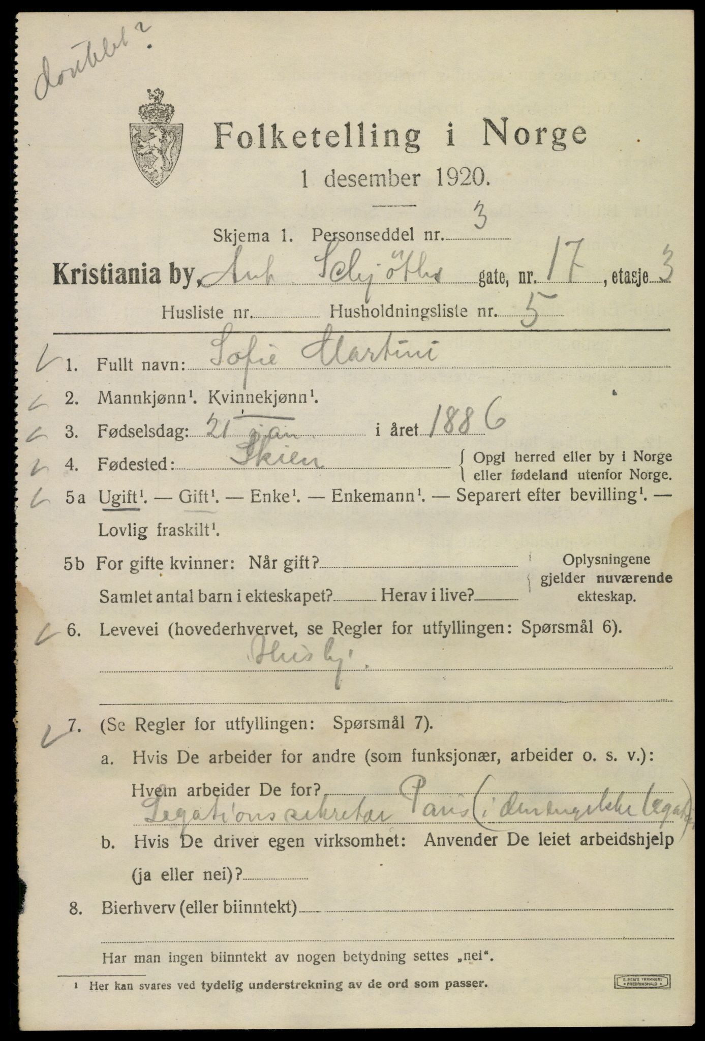 SAO, 1920 census for Kristiania, 1920, p. 141923