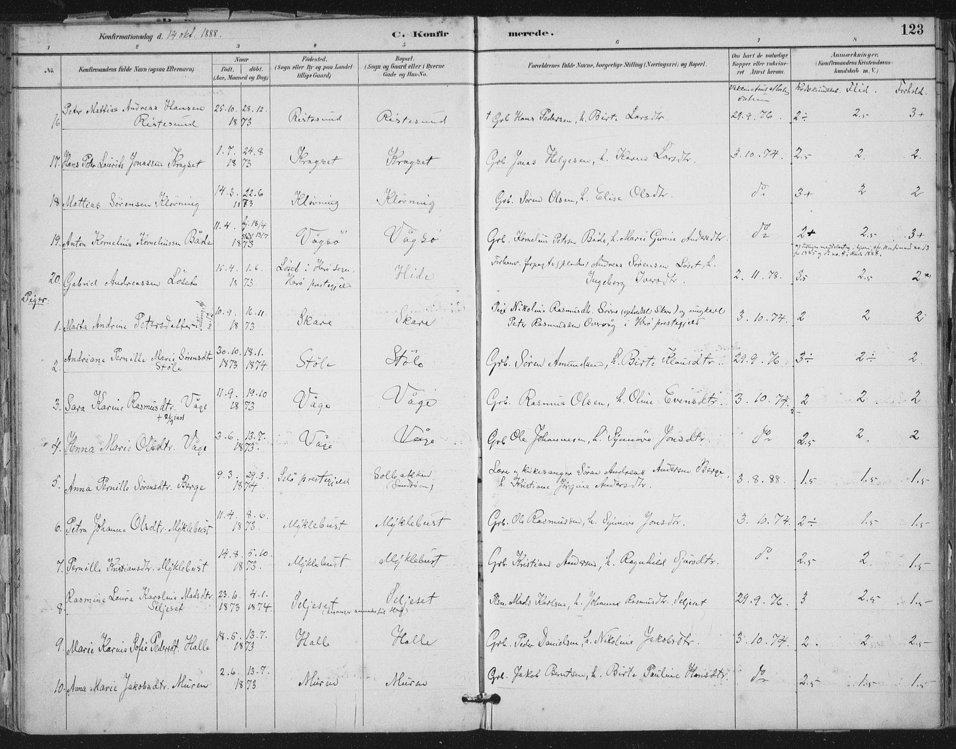 Ministerialprotokoller, klokkerbøker og fødselsregistre - Møre og Romsdal, SAT/A-1454/503/L0037: Parish register (official) no. 503A05, 1884-1900, p. 123