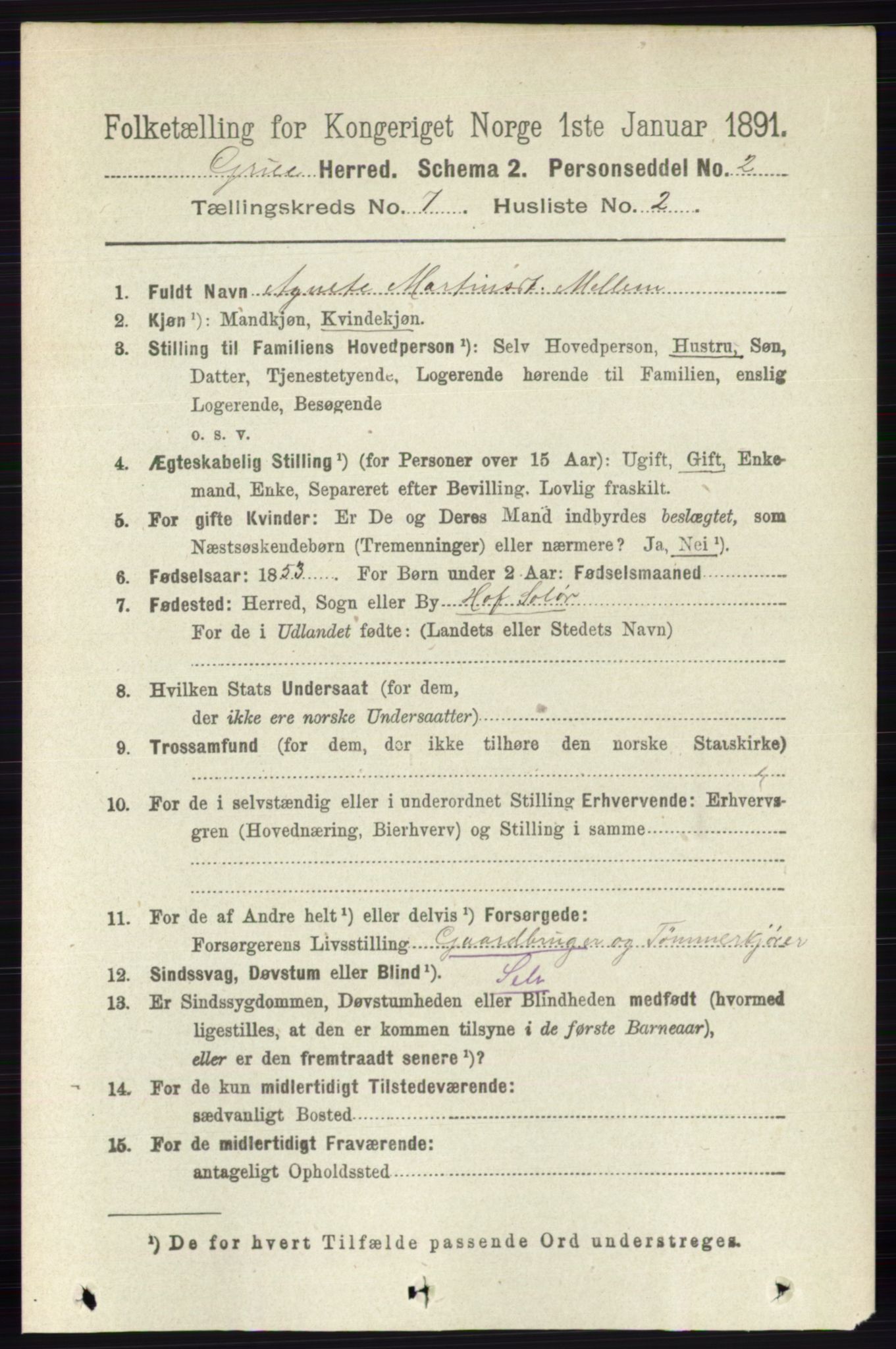 RA, 1891 census for 0423 Grue, 1891, p. 3576