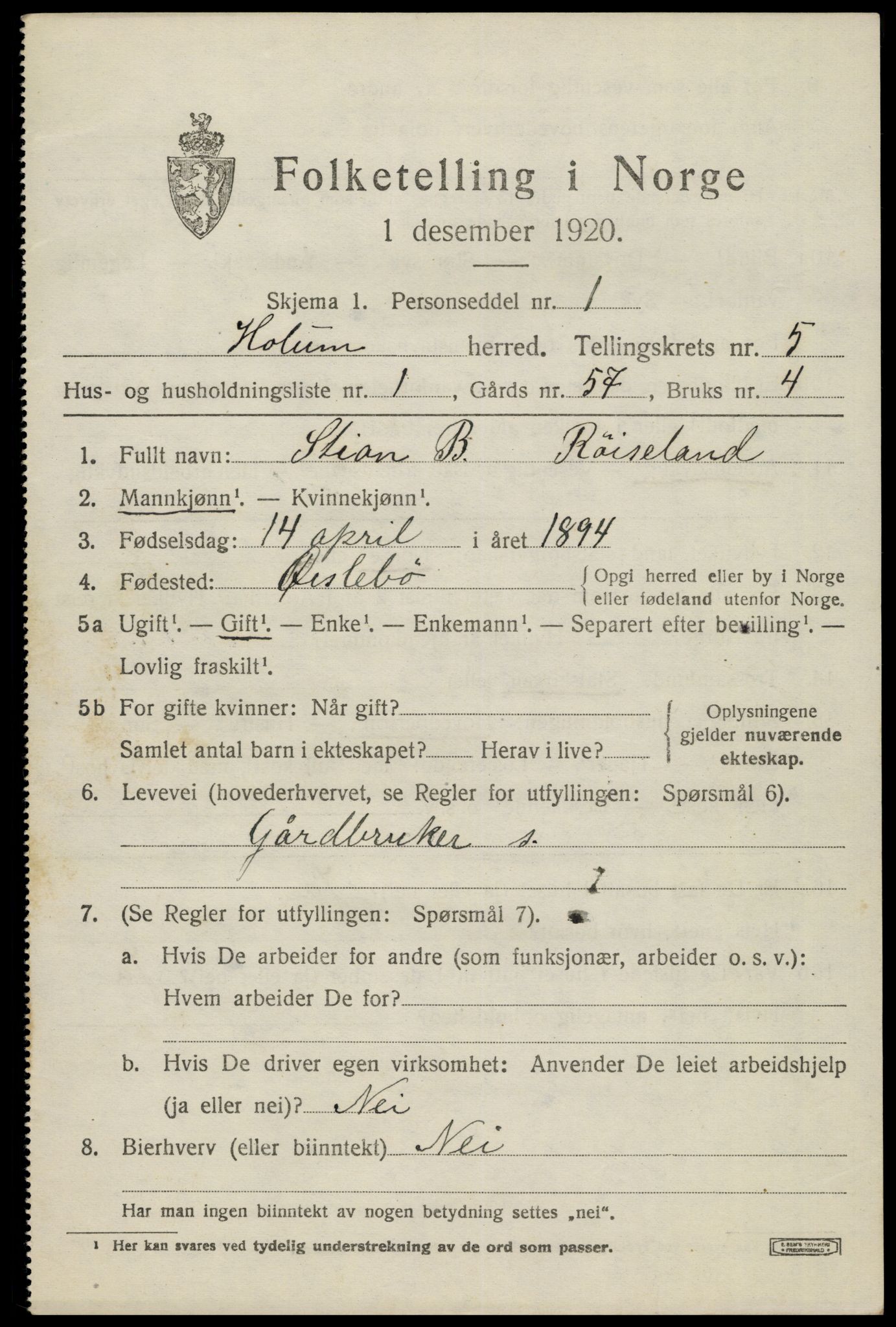 SAK, 1920 census for Holum, 1920, p. 2129