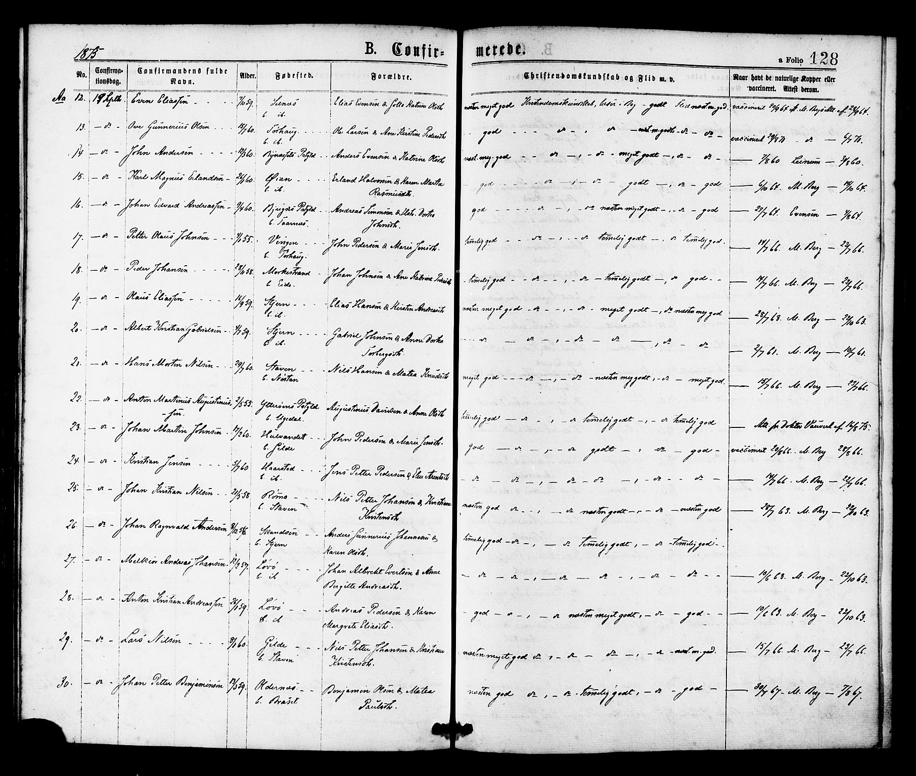 Ministerialprotokoller, klokkerbøker og fødselsregistre - Sør-Trøndelag, SAT/A-1456/655/L0679: Parish register (official) no. 655A08, 1873-1879, p. 128