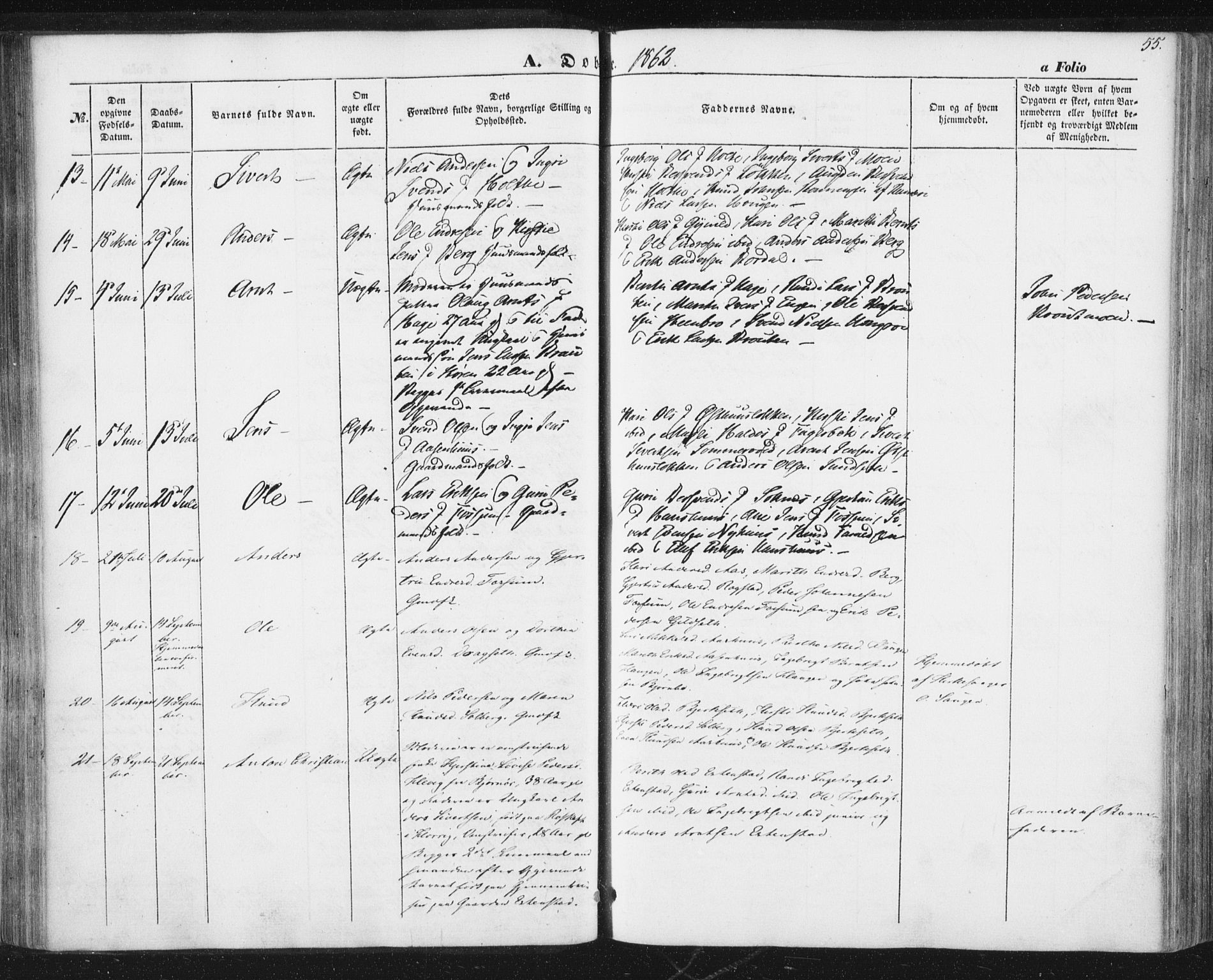 Ministerialprotokoller, klokkerbøker og fødselsregistre - Sør-Trøndelag, SAT/A-1456/689/L1038: Parish register (official) no. 689A03, 1848-1872, p. 55