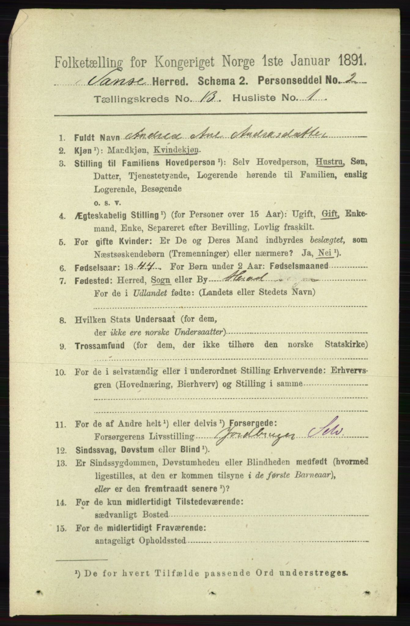 RA, 1891 census for 1041 Vanse, 1891, p. 7516