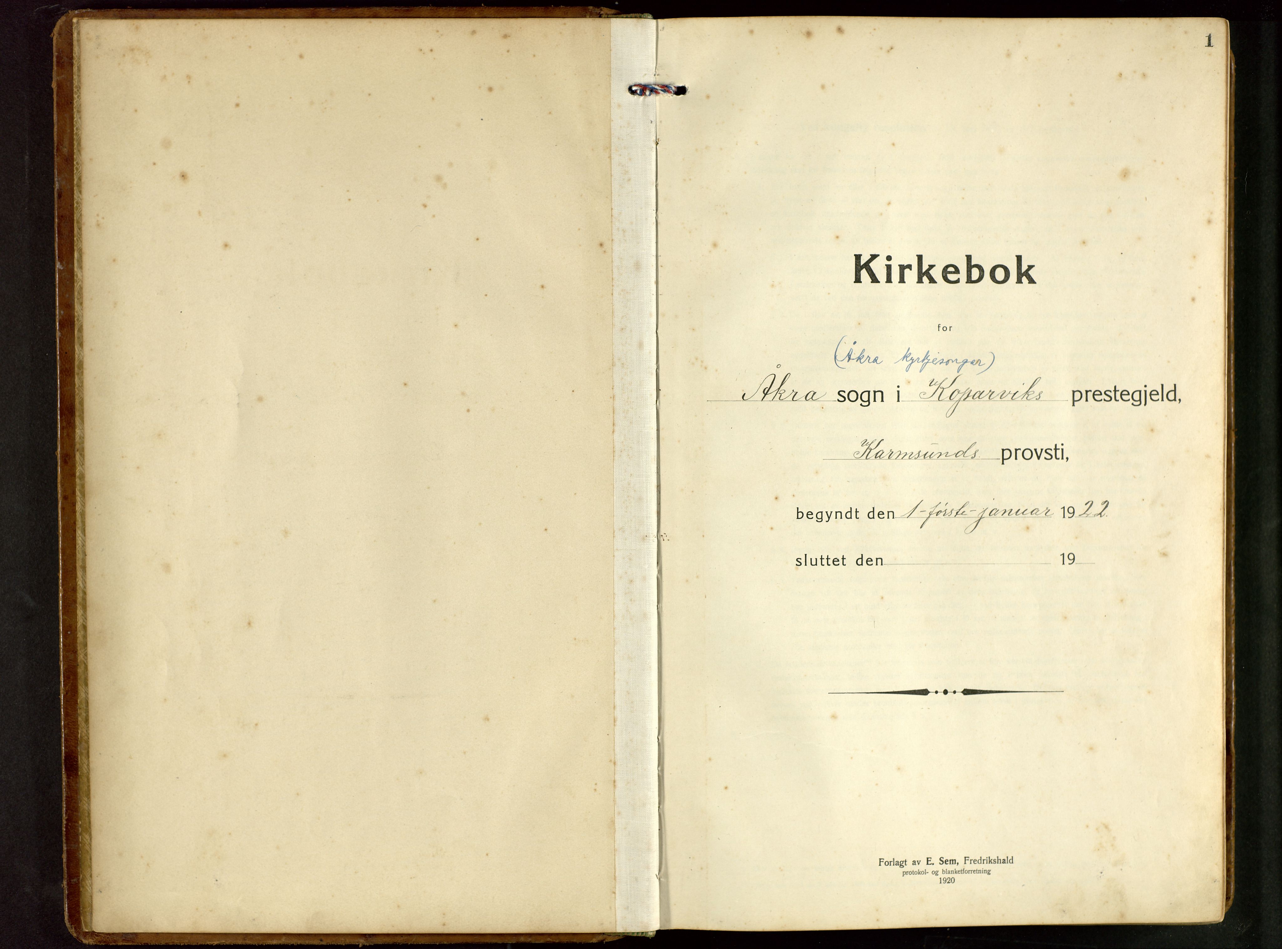 Kopervik sokneprestkontor, SAST/A-101850/H/Ha/Hab/L0014: Parish register (copy) no. B 14, 1922-1947, p. 1