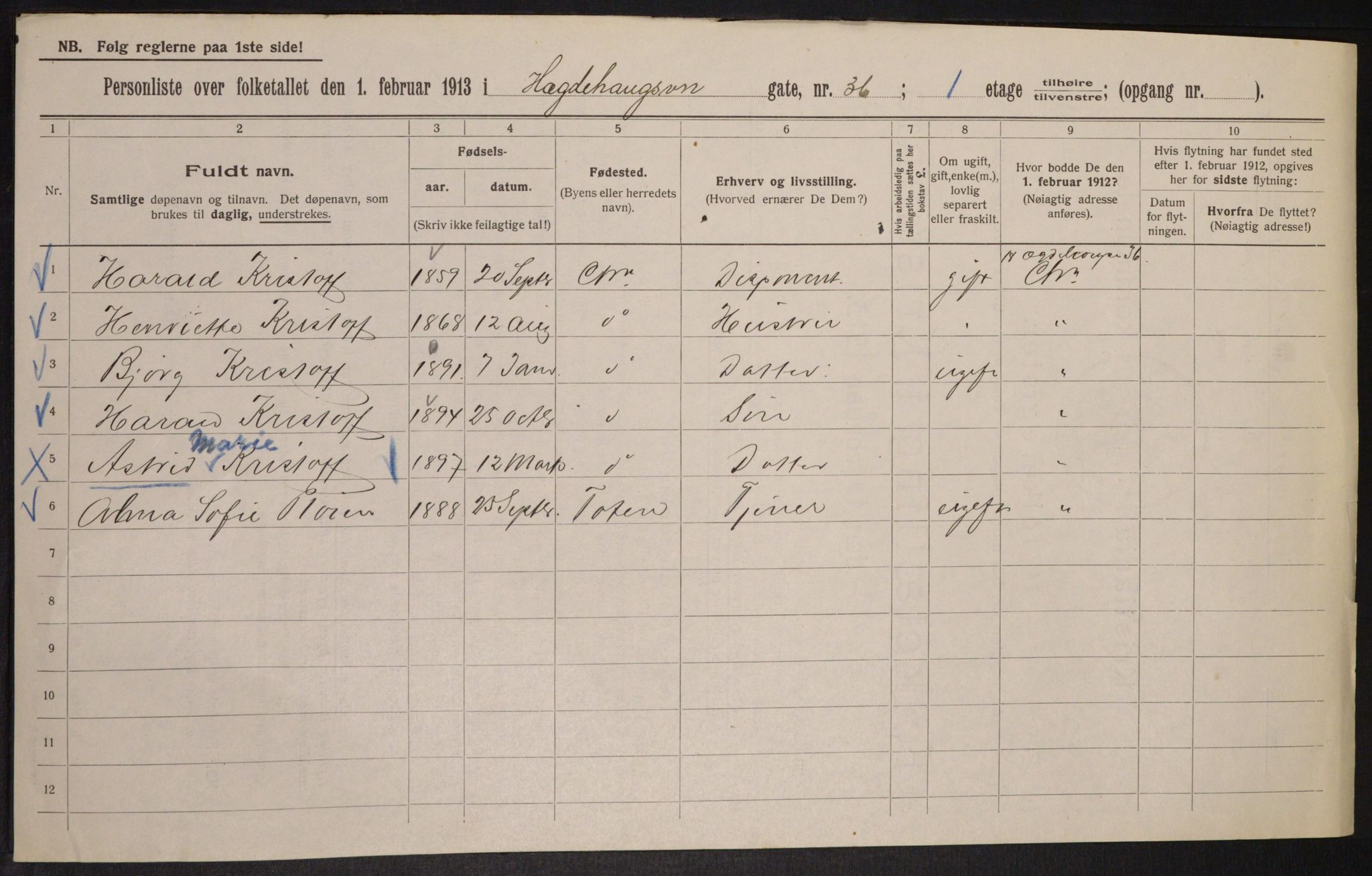 OBA, Municipal Census 1913 for Kristiania, 1913, p. 36646