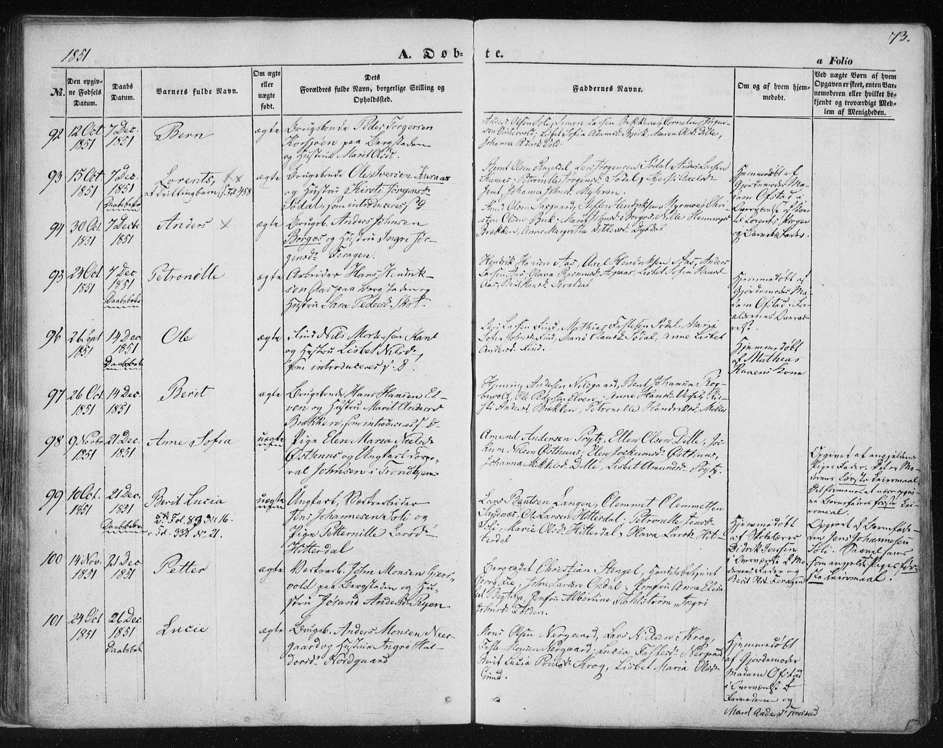 Ministerialprotokoller, klokkerbøker og fødselsregistre - Sør-Trøndelag, SAT/A-1456/681/L0931: Parish register (official) no. 681A09, 1845-1859, p. 73