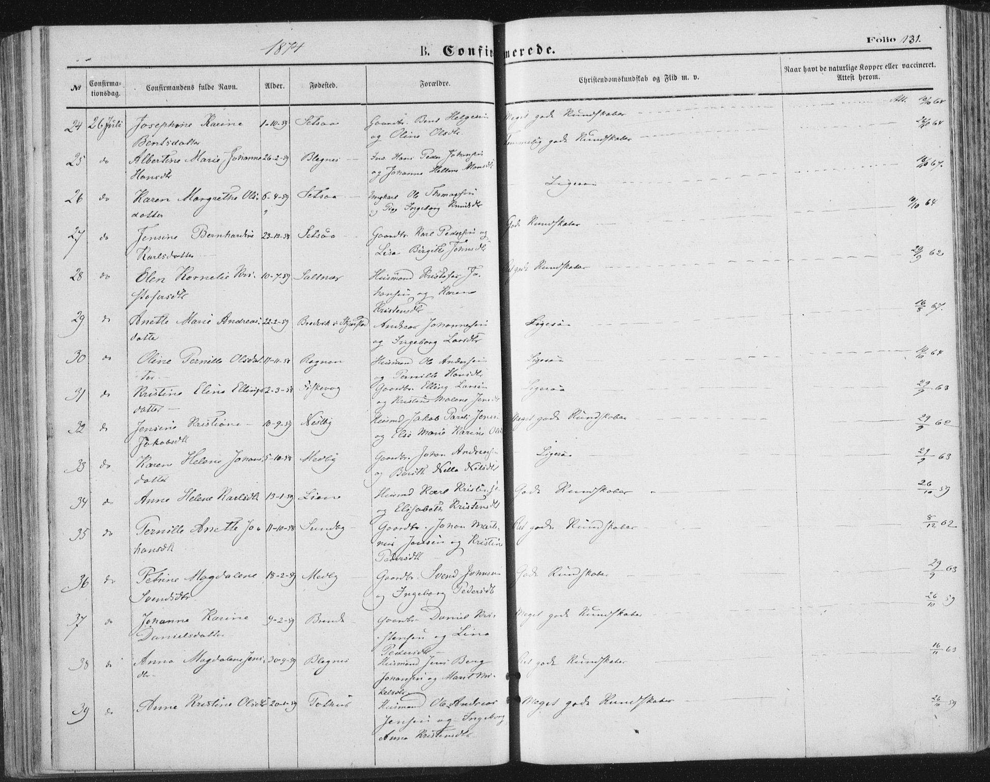 Ministerialprotokoller, klokkerbøker og fødselsregistre - Nordland, SAT/A-1459/847/L0668: Parish register (official) no. 847A08, 1872-1886, p. 131