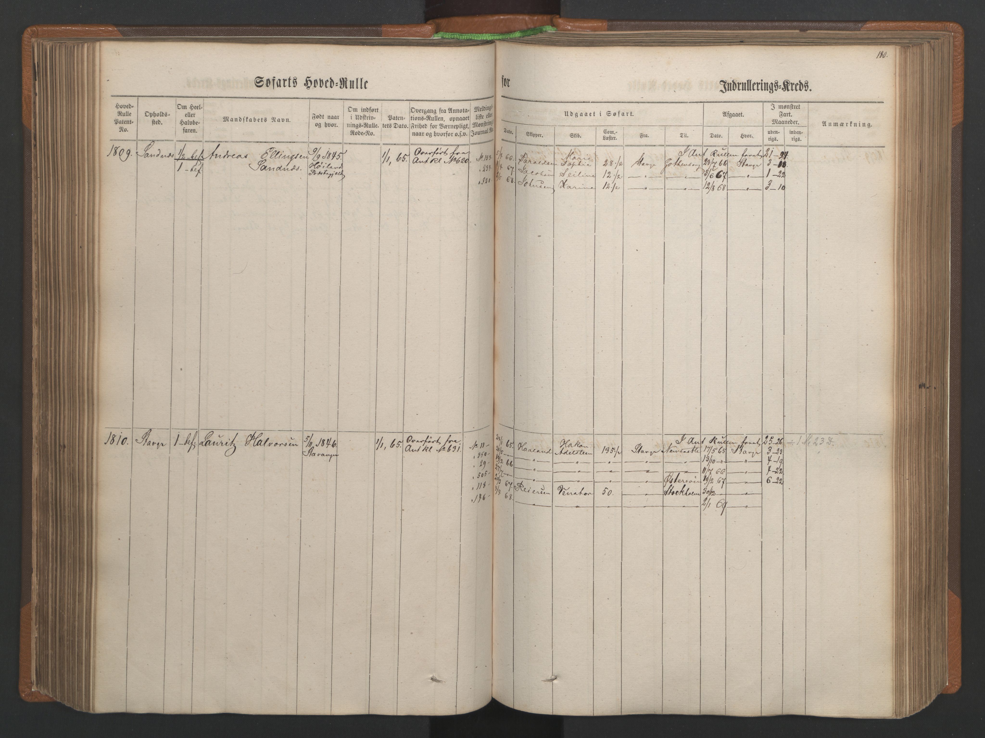 Stavanger sjømannskontor, AV/SAST-A-102006/F/Fb/Fbb/L0003: Sjøfartshovedrulle, patentnr. 1451-2270, 1863, p. 190