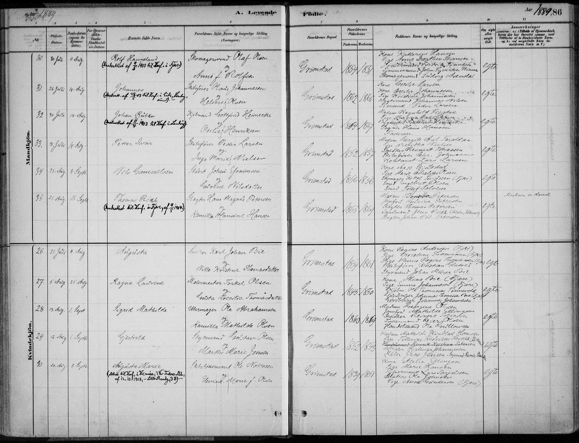 Grimstad sokneprestkontor, AV/SAK-1111-0017/F/Fa/L0003: Parish register (official) no. A 2, 1882-1912, p. 86