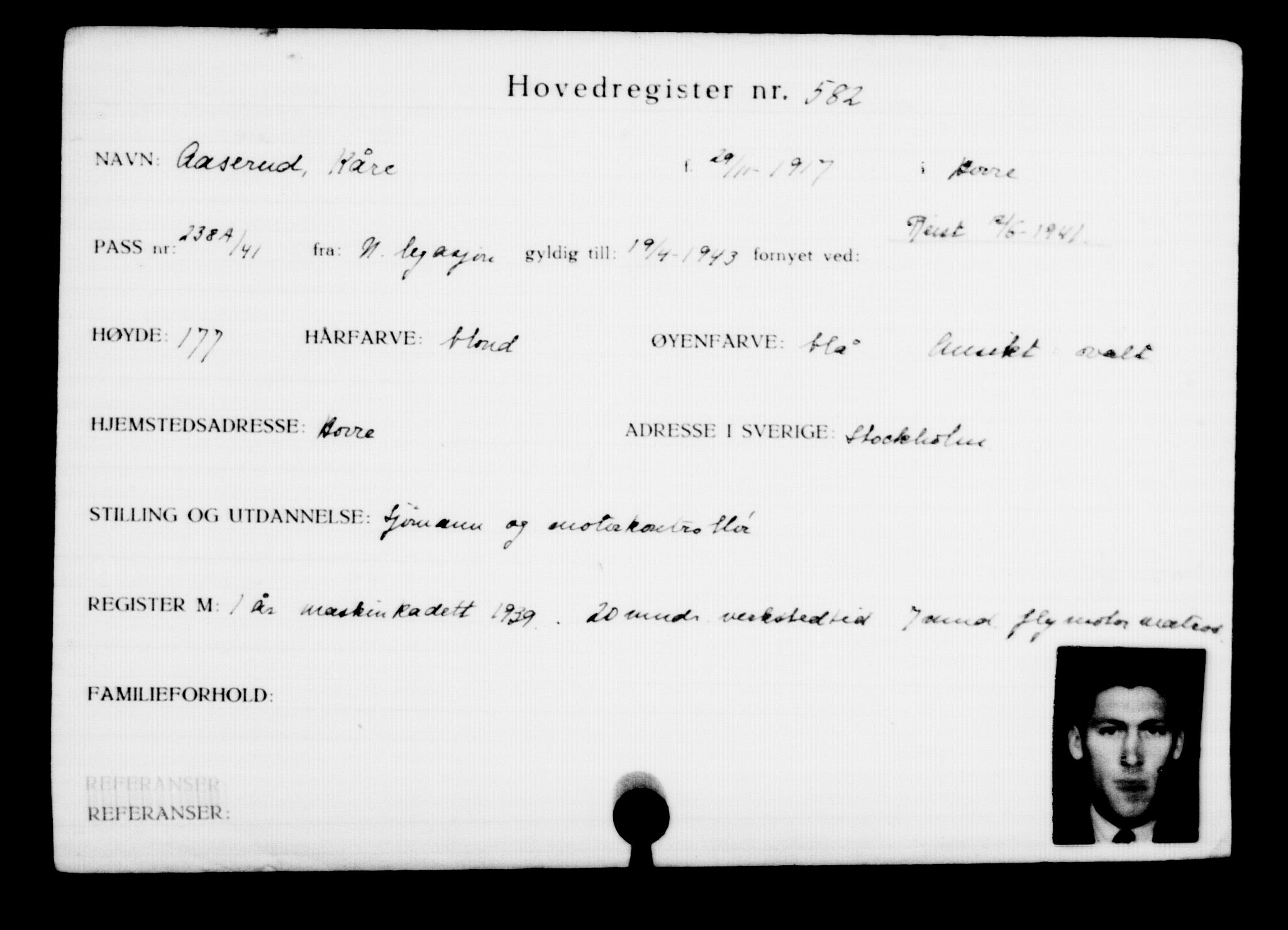 Utenriksstasjonene, Legasjonen i Stockholm, Flyktningkontoret, AV/RA-S-6753/V/Va/L0001: Kjesäterkartoteket, flyktninger med registreringsnr. 1-1000, 1940-1945, p. 907