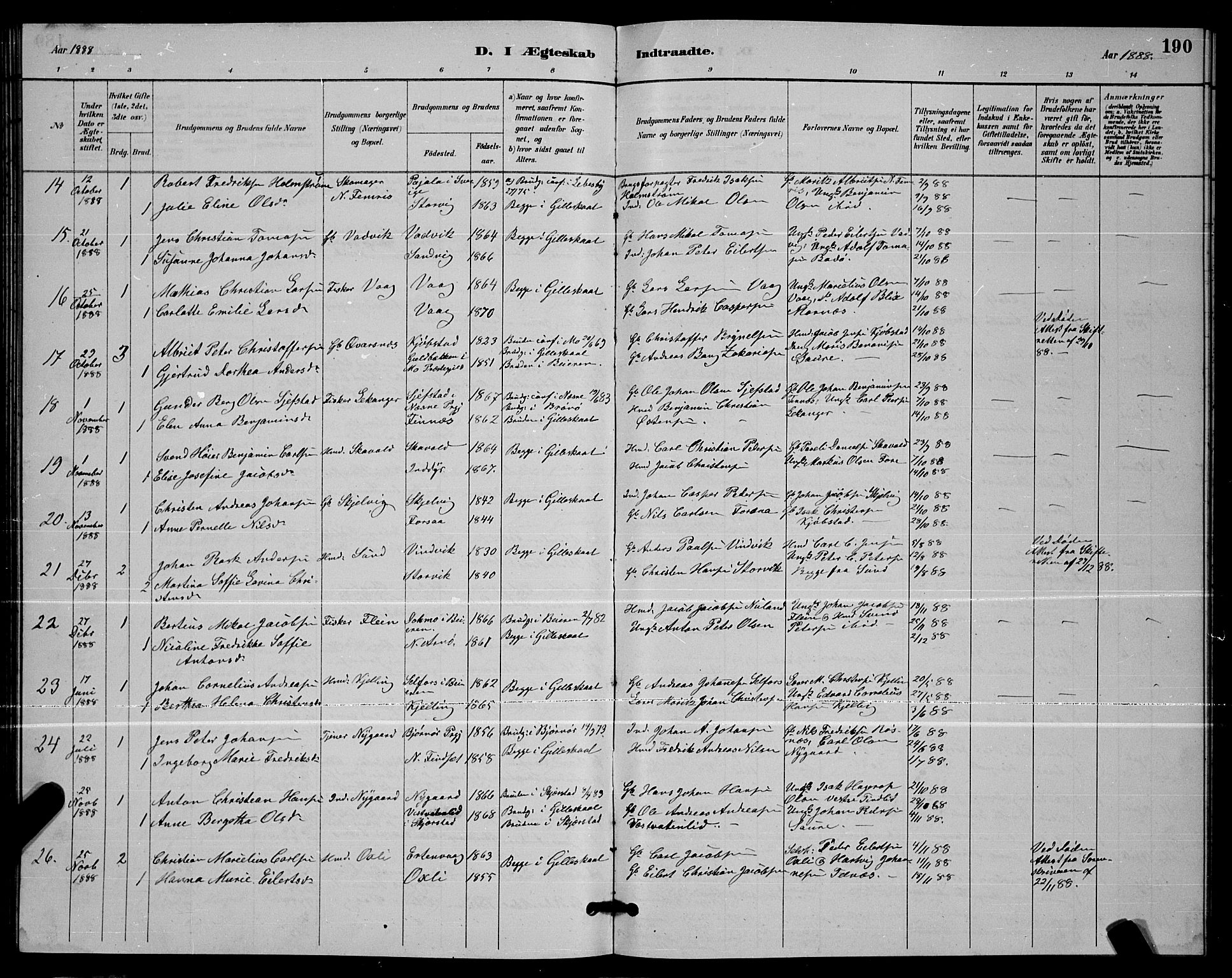 Ministerialprotokoller, klokkerbøker og fødselsregistre - Nordland, AV/SAT-A-1459/805/L0108: Parish register (copy) no. 805C04, 1885-1899, p. 190