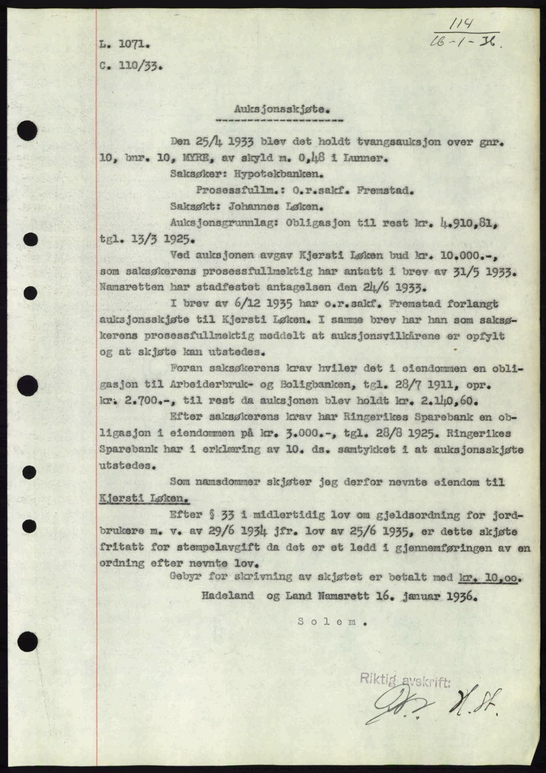 Hadeland og Land tingrett, AV/SAH-TING-010/H/Hb/Hbb/L0072: Mortgage book no. A72, 1936-1936, Diary no: : 114/1936