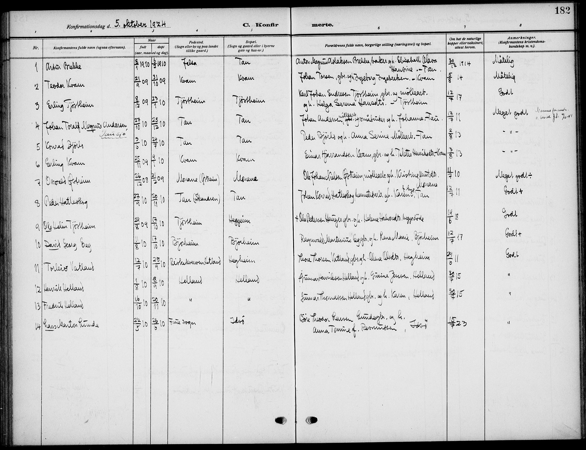 Strand sokneprestkontor, SAST/A-101828/H/Ha/Haa/L0011: Parish register (official) no. A 11, 1908-1930, p. 182