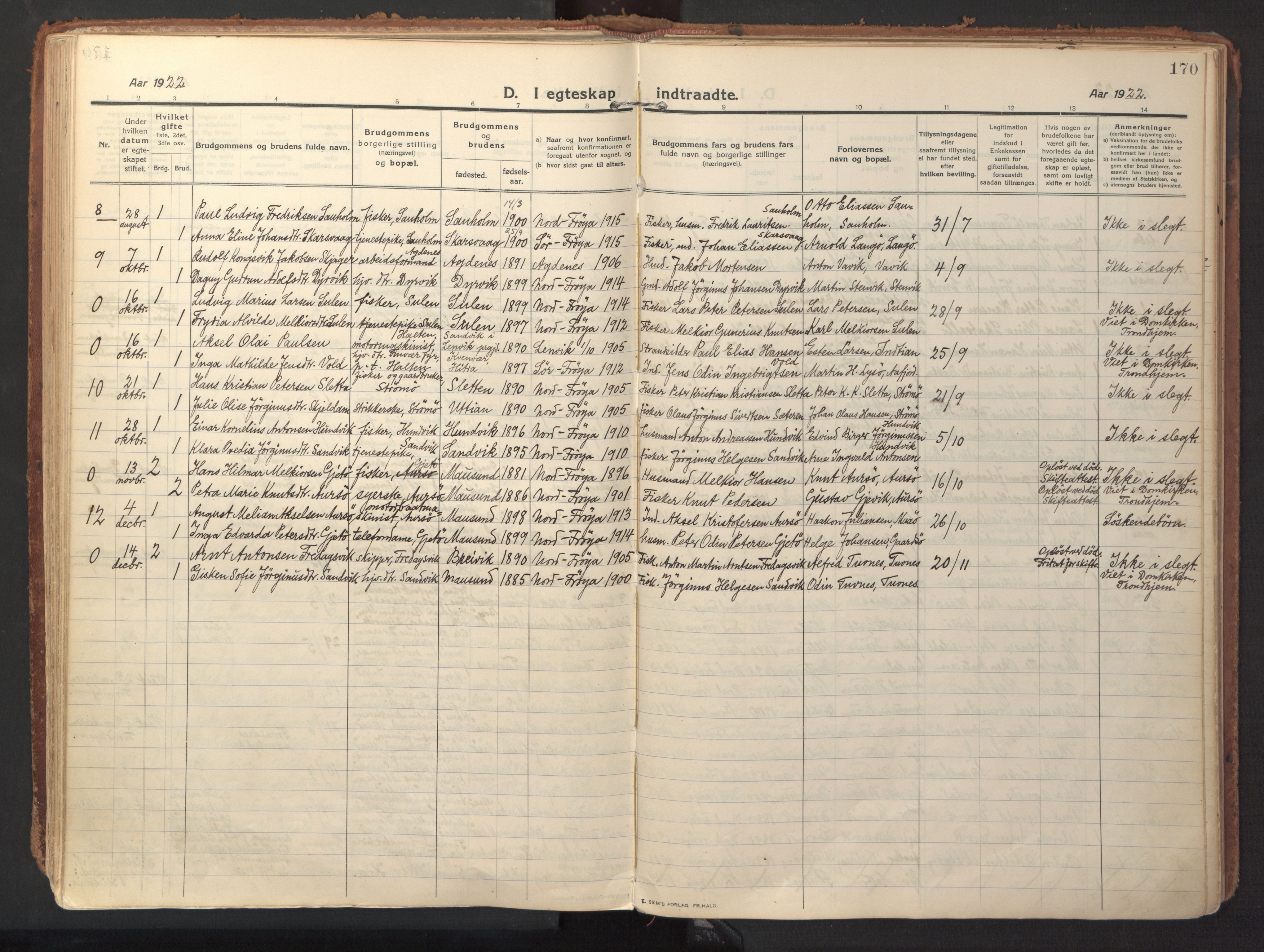 Ministerialprotokoller, klokkerbøker og fødselsregistre - Sør-Trøndelag, SAT/A-1456/640/L0581: Parish register (official) no. 640A06, 1910-1924, p. 170