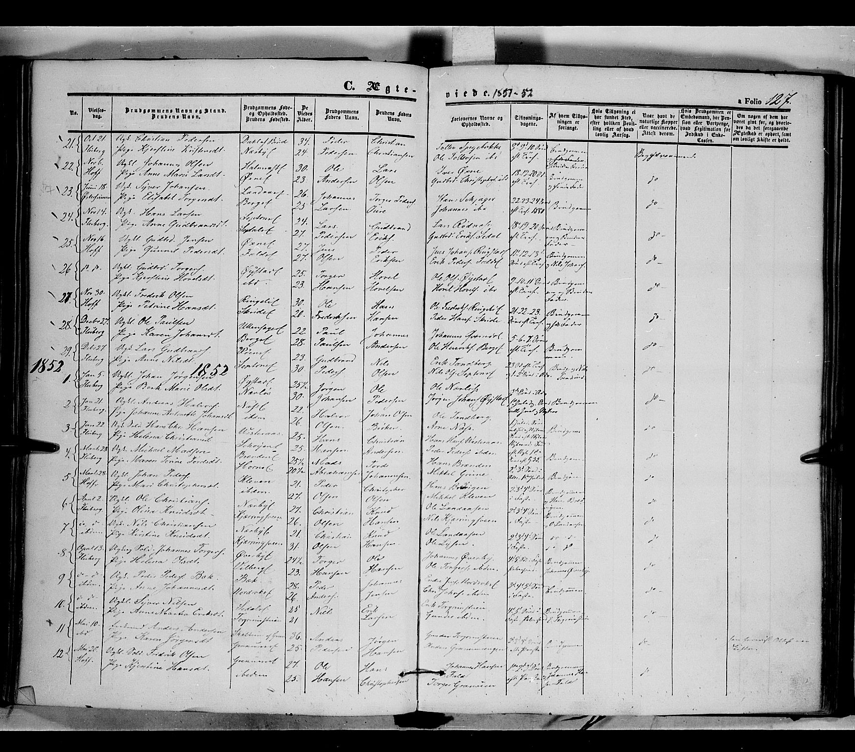 Land prestekontor, SAH/PREST-120/H/Ha/Haa/L0009: Parish register (official) no. 9, 1847-1859, p. 127