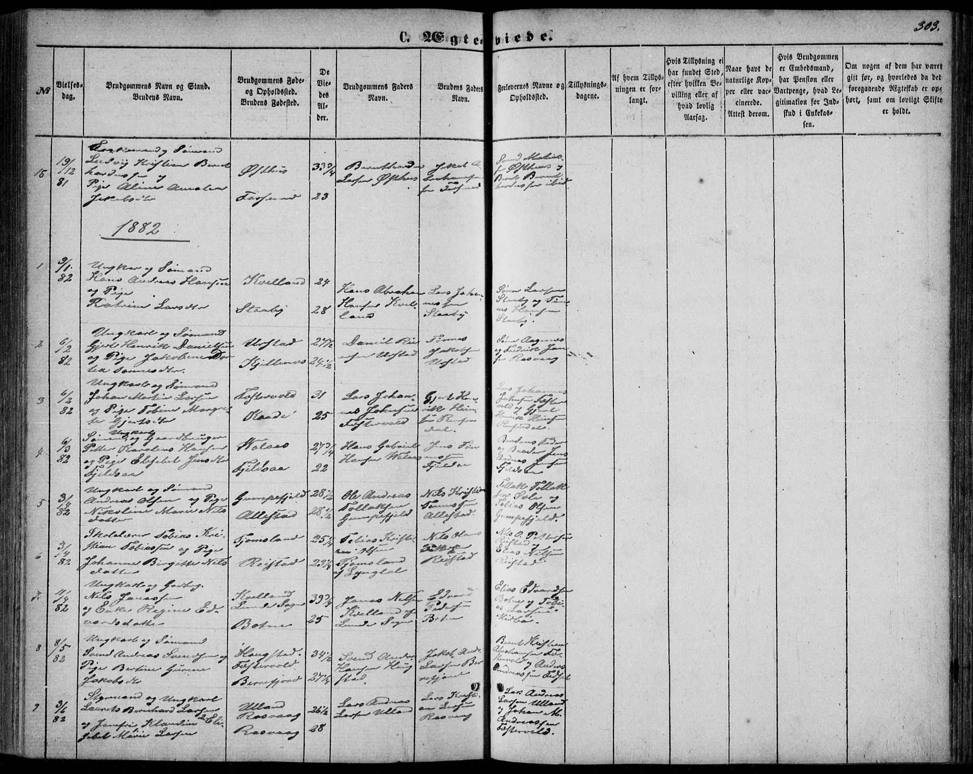 Flekkefjord sokneprestkontor, AV/SAK-1111-0012/F/Fb/Fbb/L0003: Parish register (copy) no. B 3, 1867-1889, p. 303