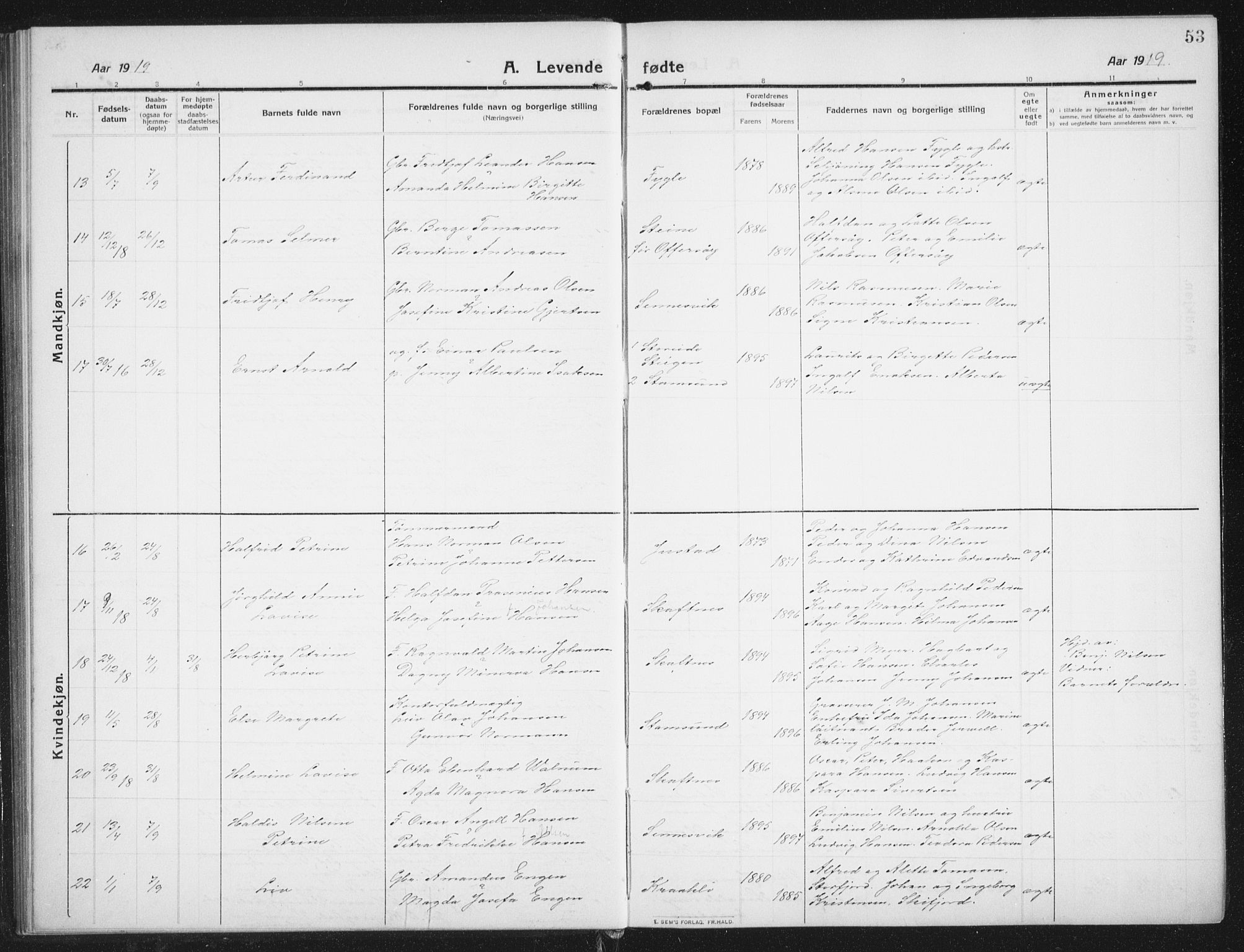 Ministerialprotokoller, klokkerbøker og fødselsregistre - Nordland, AV/SAT-A-1459/882/L1183: Parish register (copy) no. 882C01, 1911-1938, p. 53