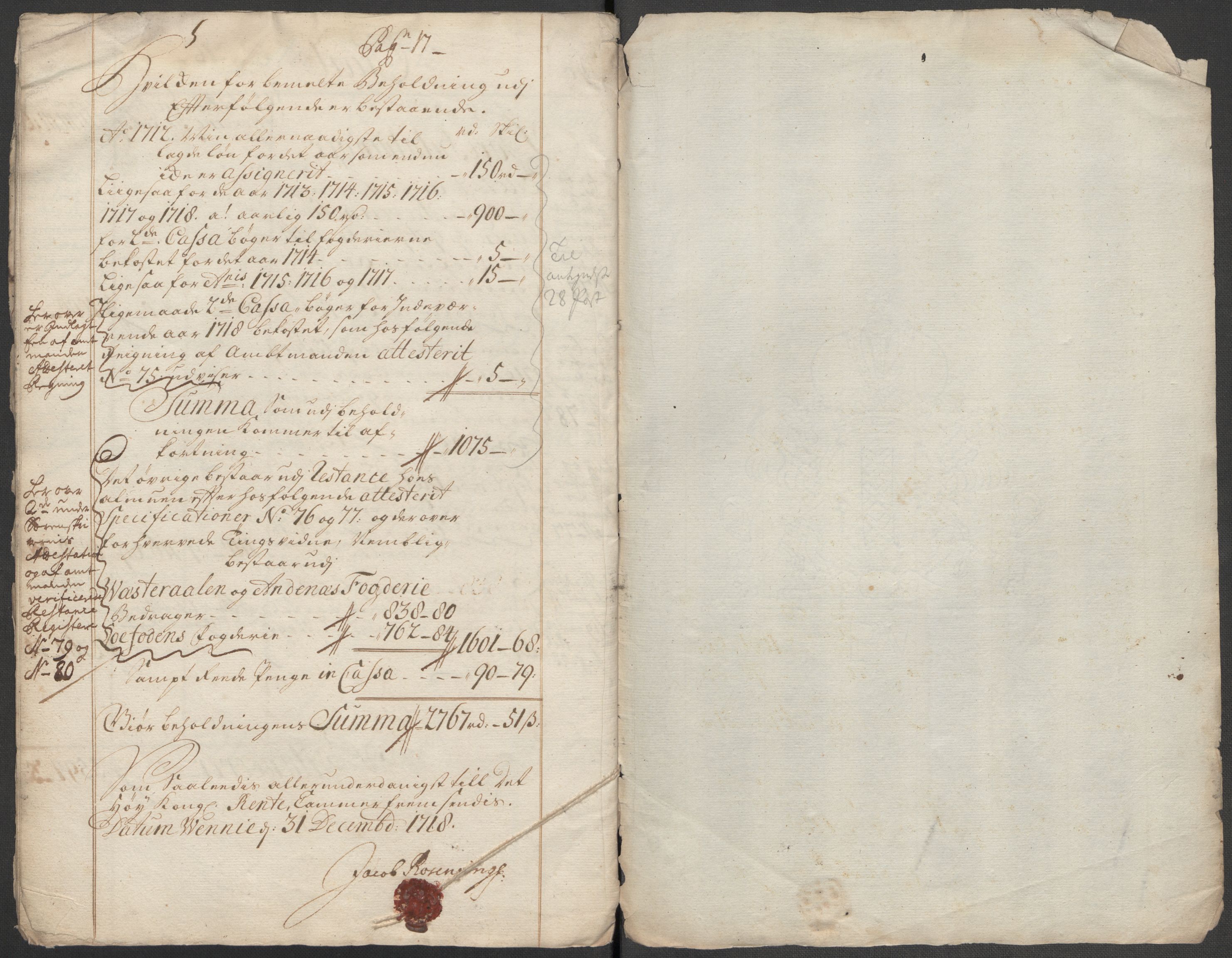 Rentekammeret inntil 1814, Reviderte regnskaper, Fogderegnskap, RA/EA-4092/R67/L4684: Fogderegnskap Vesterålen, Andenes og Lofoten, 1718, p. 13