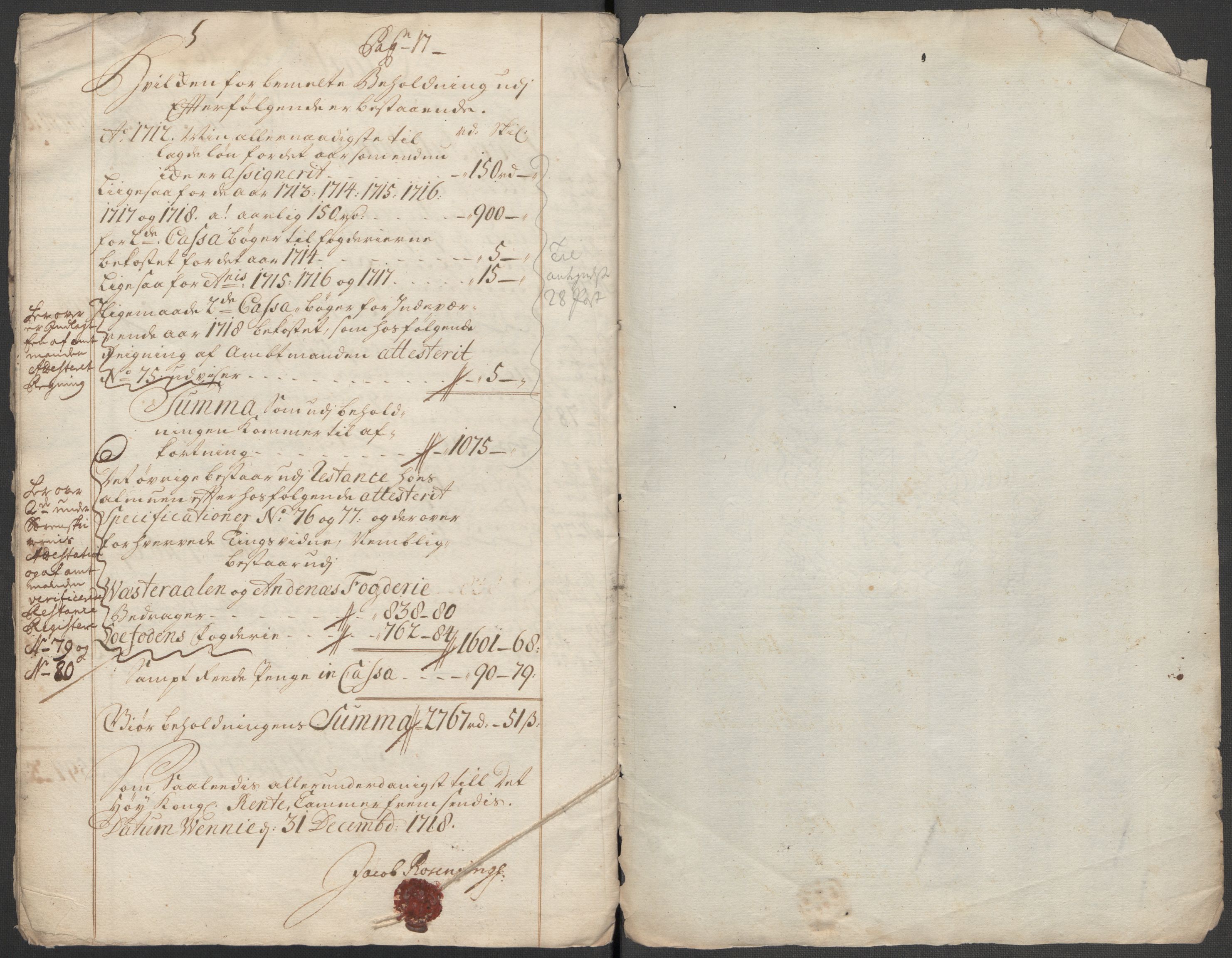 Rentekammeret inntil 1814, Reviderte regnskaper, Fogderegnskap, AV/RA-EA-4092/R67/L4684: Fogderegnskap Vesterålen, Andenes og Lofoten, 1718, p. 13