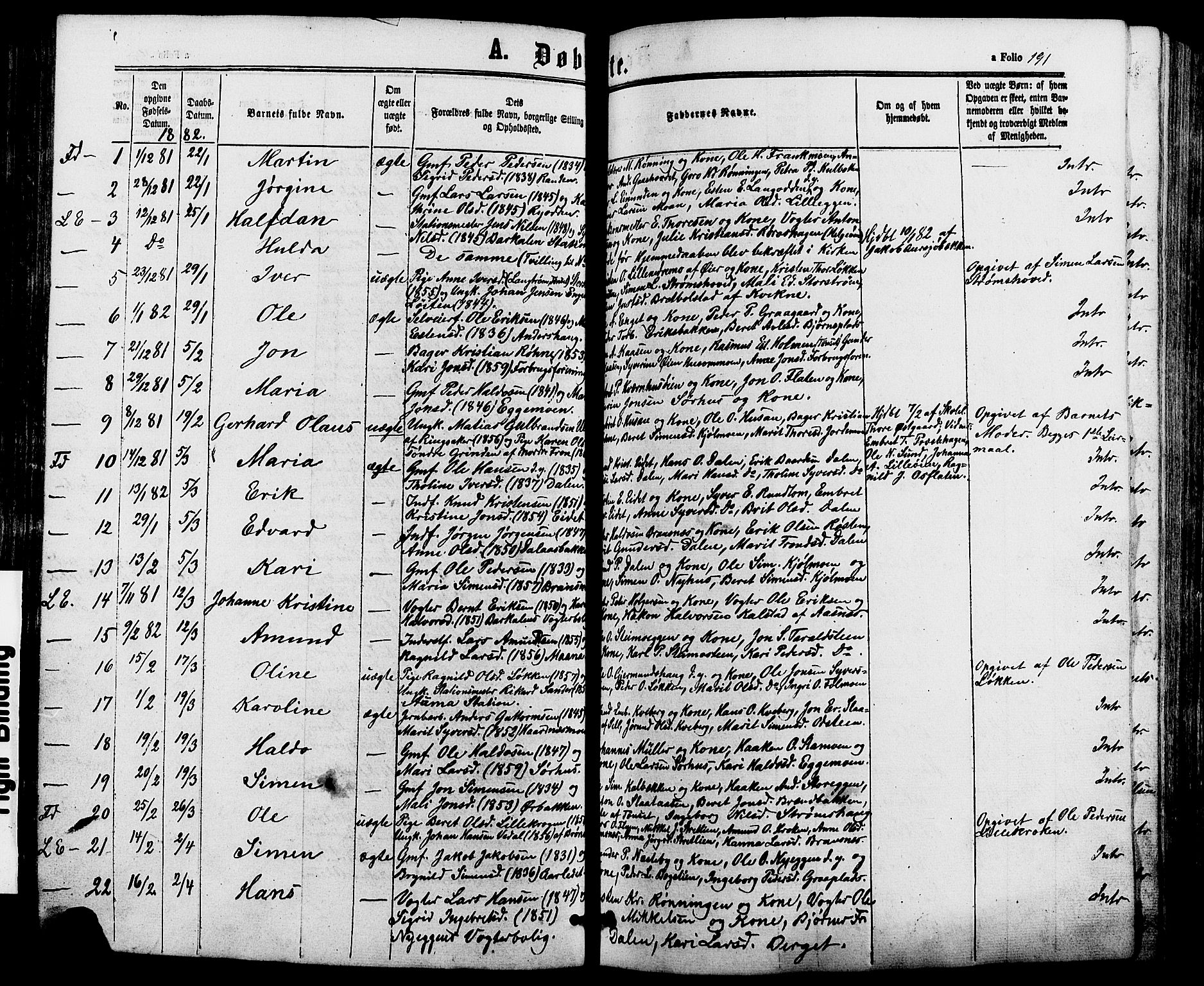 Alvdal prestekontor, SAH/PREST-060/H/Ha/Haa/L0001: Parish register (official) no. 1, 1863-1882, p. 191
