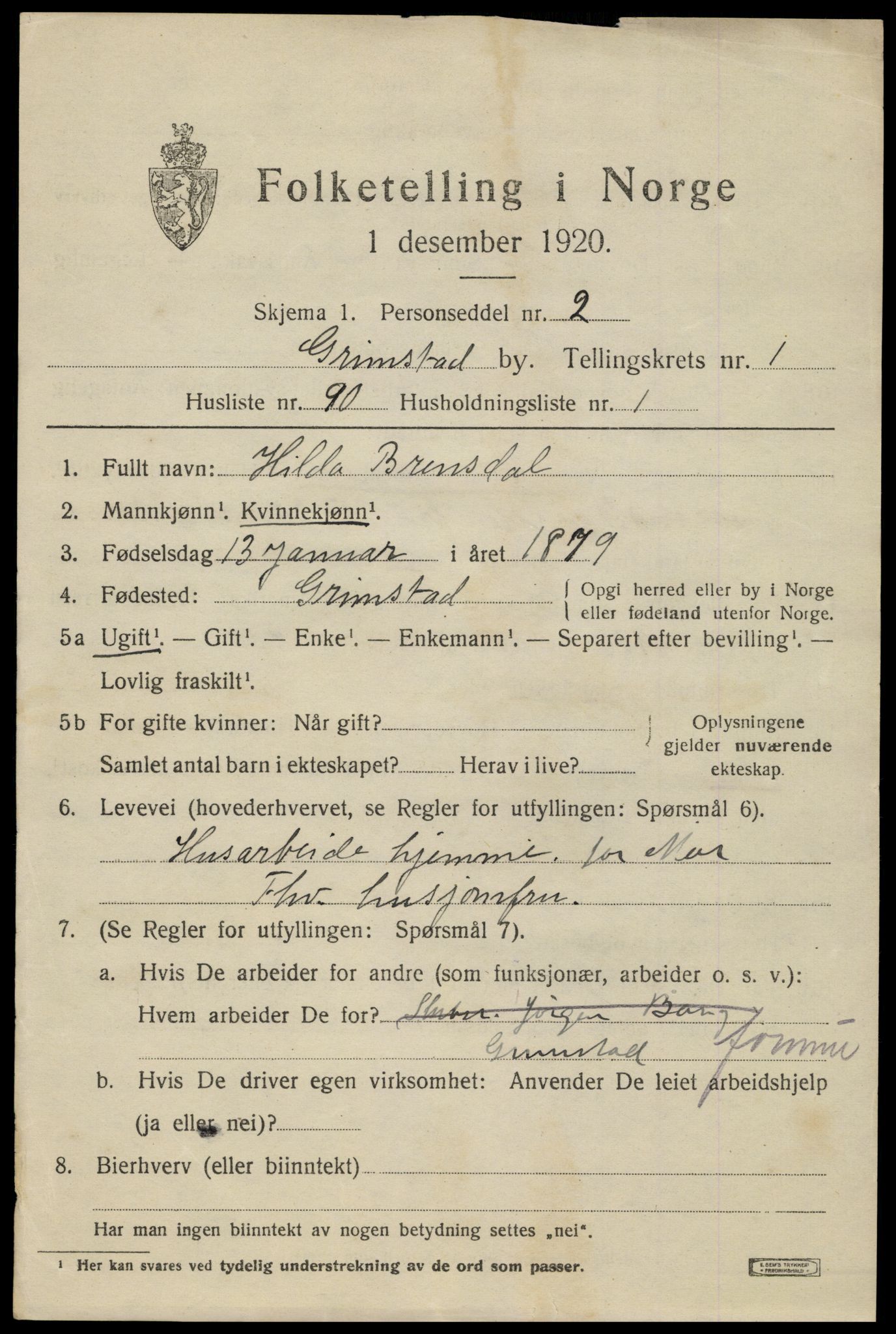 SAK, 1920 census for Grimstad, 1920, p. 3309