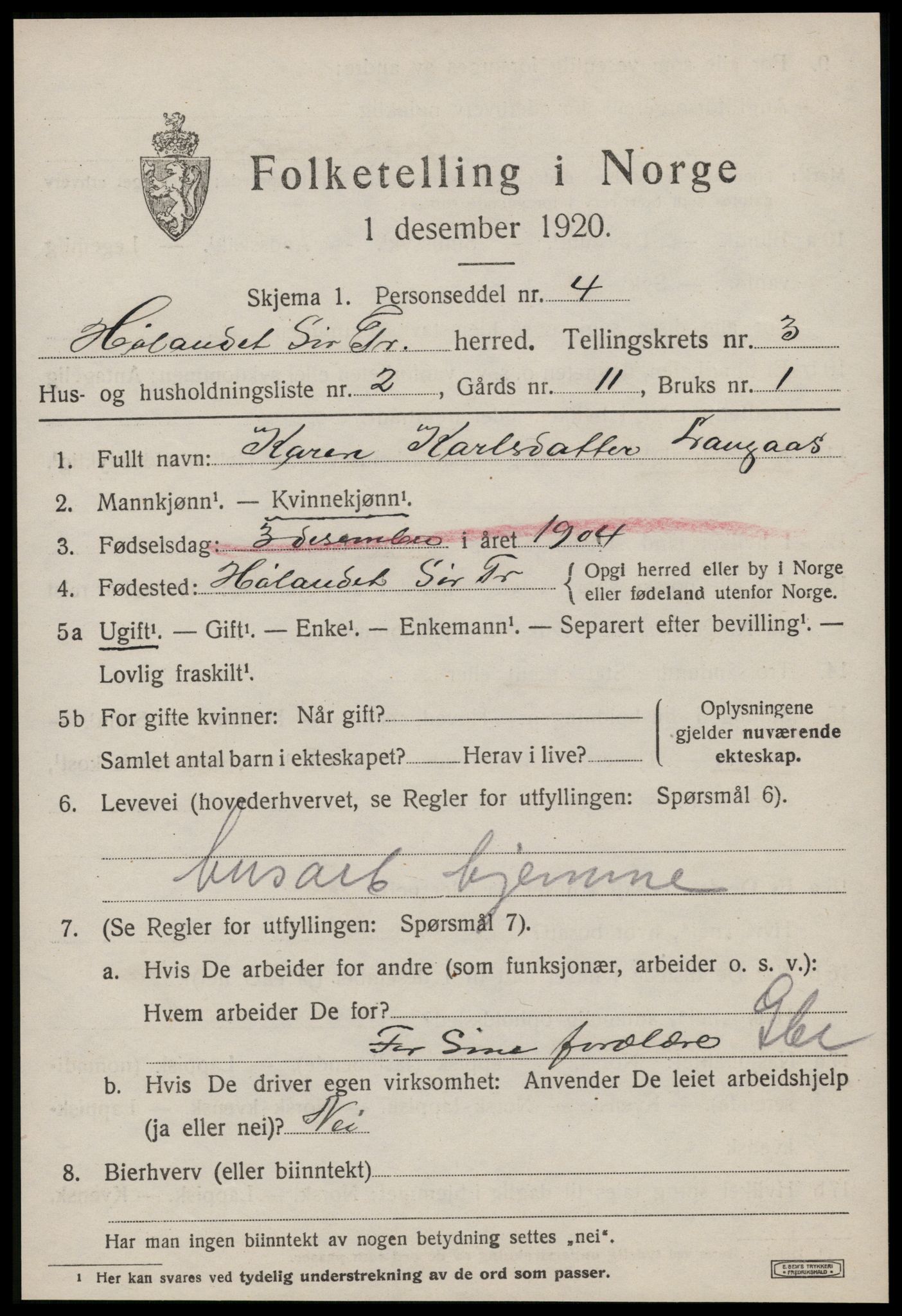 SAT, 1920 census for Hølonda, 1920, p. 1177