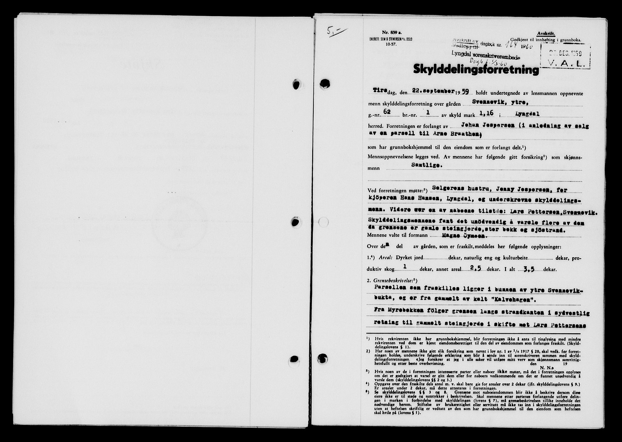 Lyngdal sorenskriveri, AV/SAK-1221-0004/G/Gb/L0679: Mortgage book no. A XXV, 1959-1960, Diary no: : 164/1960