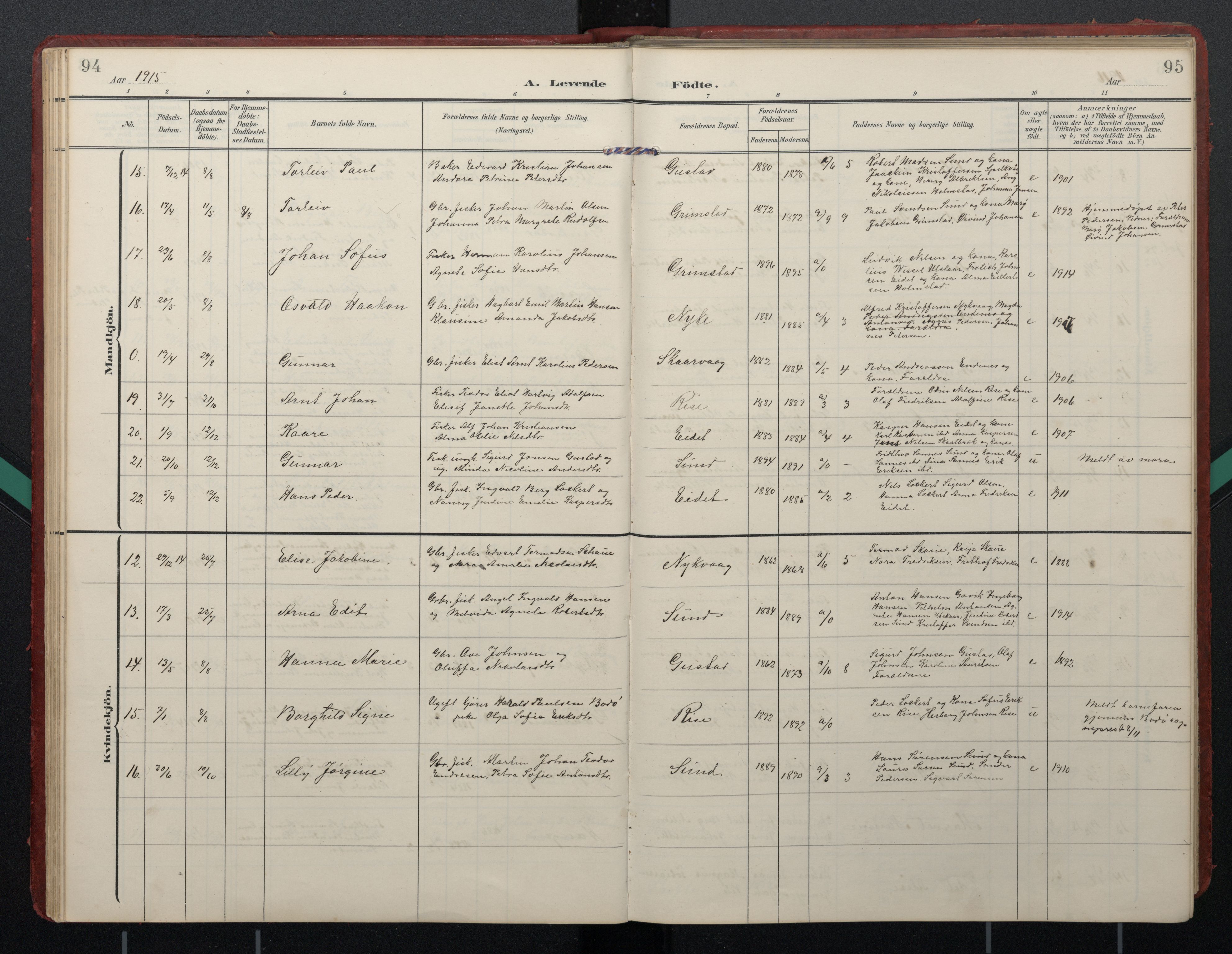 Ministerialprotokoller, klokkerbøker og fødselsregistre - Nordland, SAT/A-1459/892/L1322: Parish register (official) no. 892A03, 1904-1921, p. 94-95
