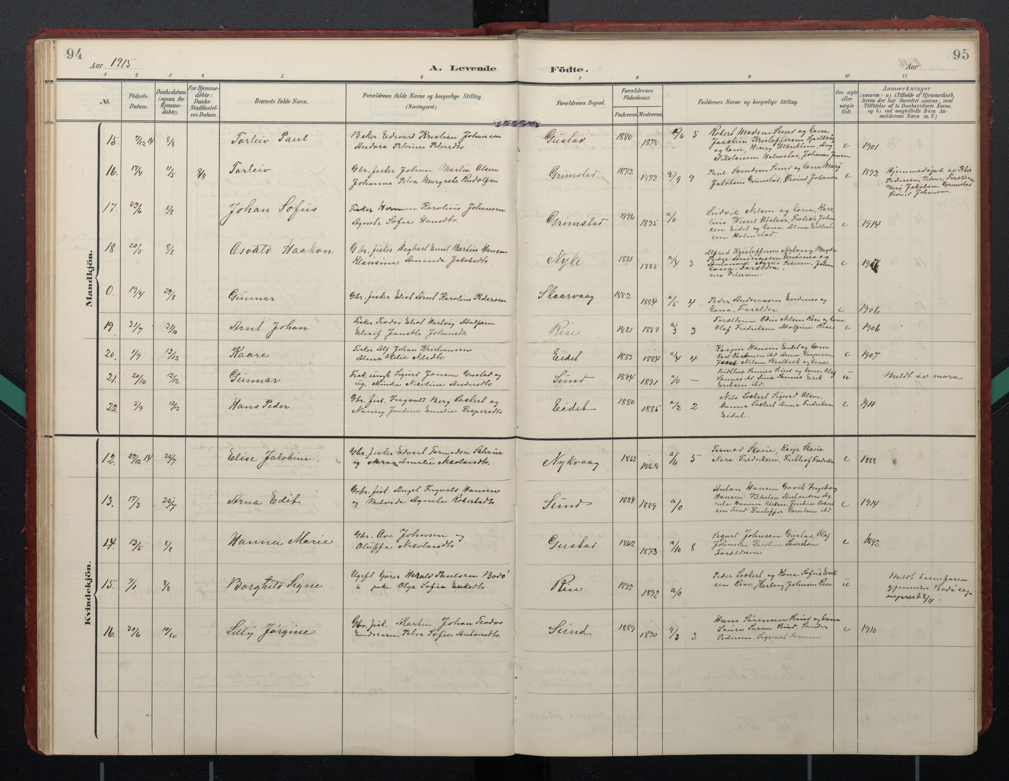 Ministerialprotokoller, klokkerbøker og fødselsregistre - Nordland, AV/SAT-A-1459/892/L1322: Parish register (official) no. 892A03, 1904-1921, p. 94-95