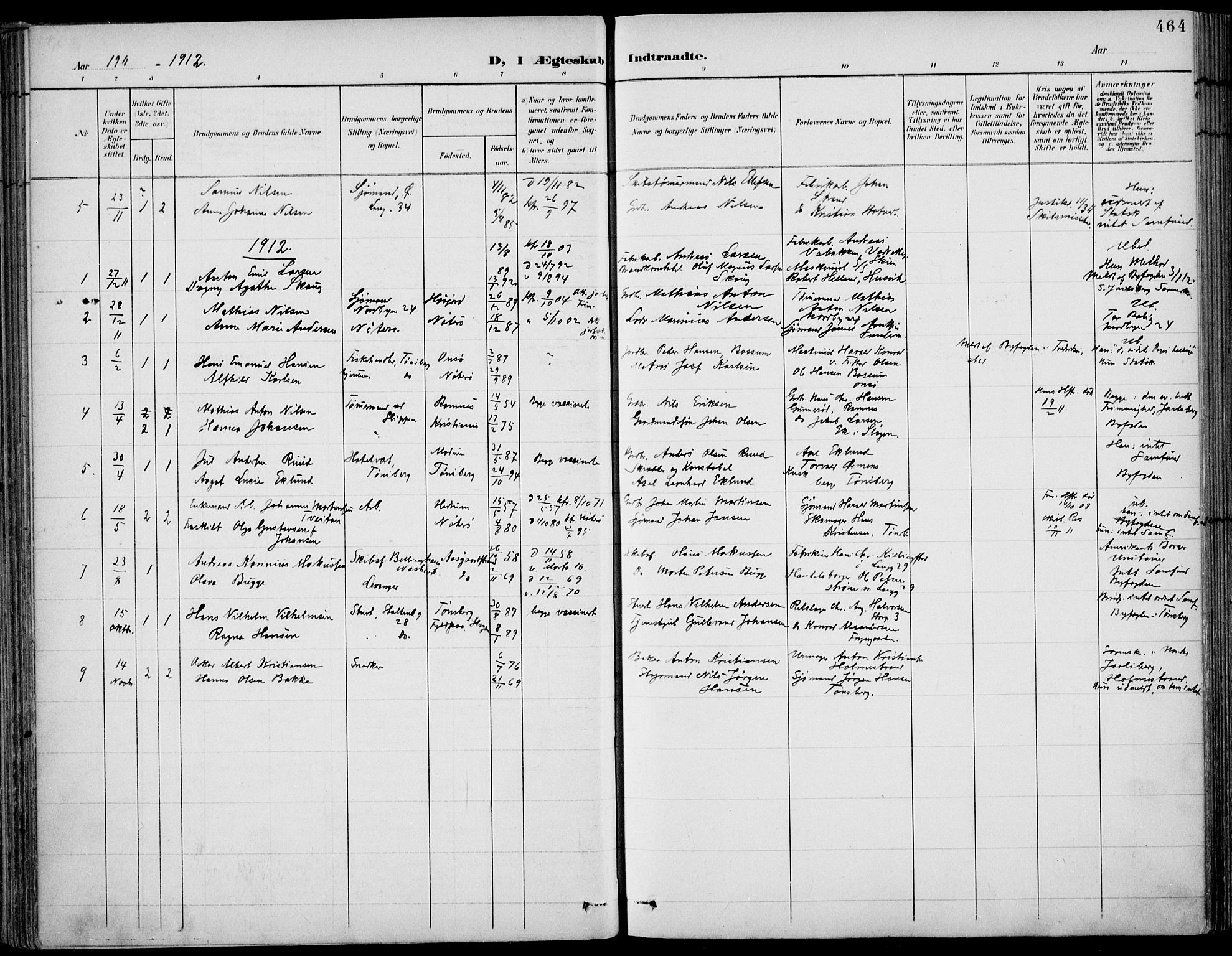 Tønsberg kirkebøker, AV/SAKO-A-330/F/Fa/L0013: Parish register (official) no. I 13, 1900-1913, p. 464