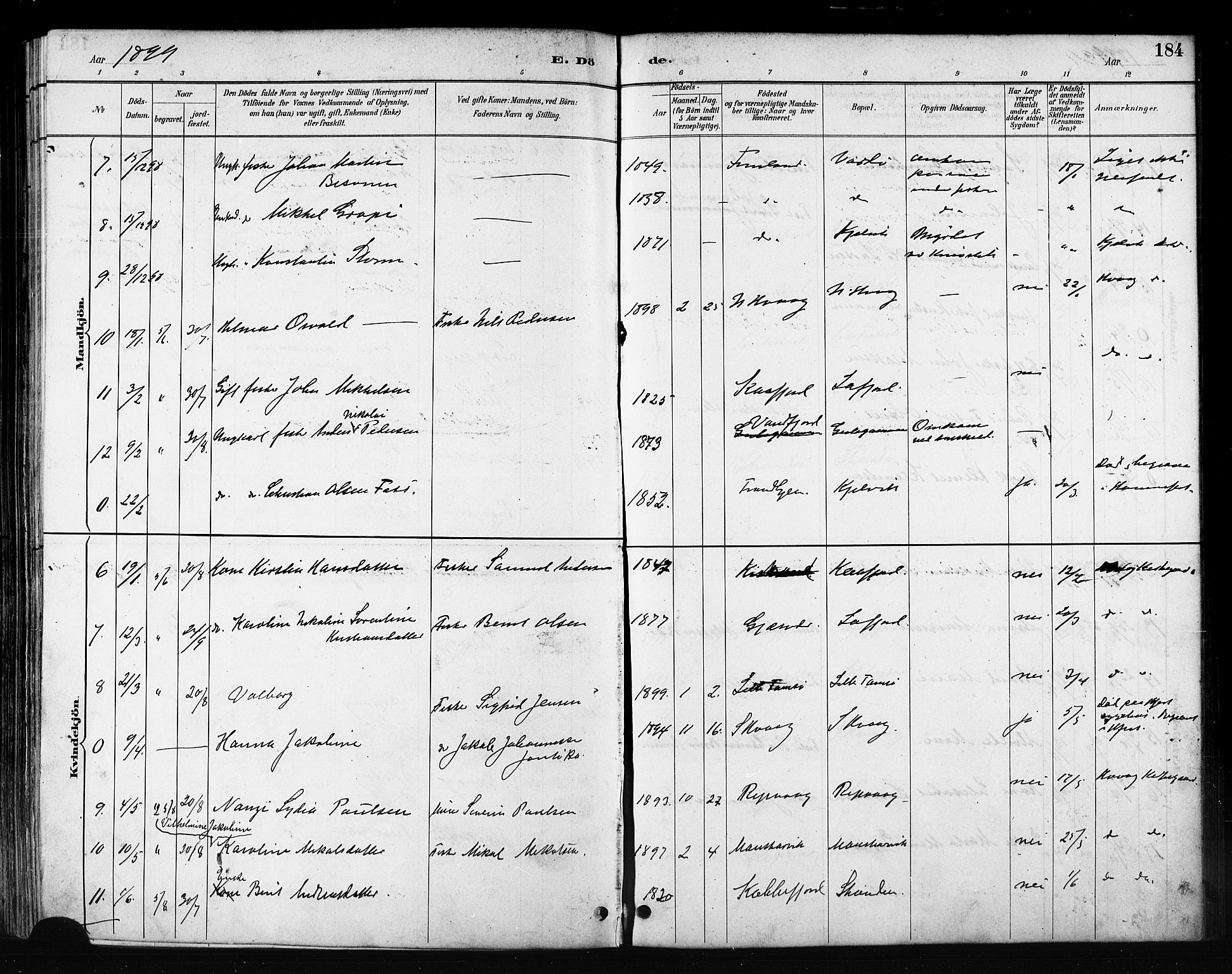 Måsøy sokneprestkontor, AV/SATØ-S-1348/H/Ha/L0007kirke: Parish register (official) no. 7, 1887-1899, p. 184